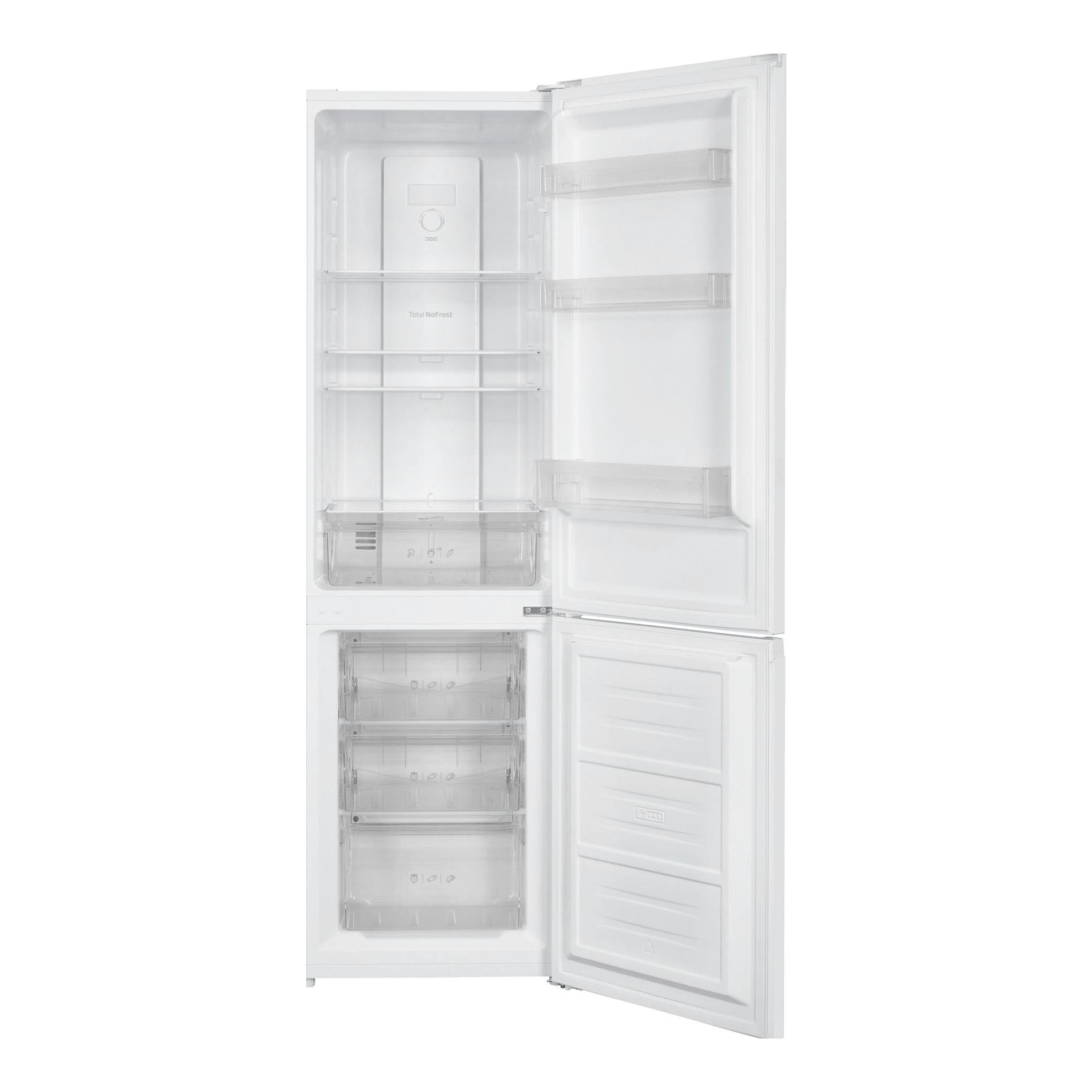 Frigorífico combi Fagor 3FFK-5527 blanco, vista frontal con puertas abiertas y compartimentos interiores visibles.
