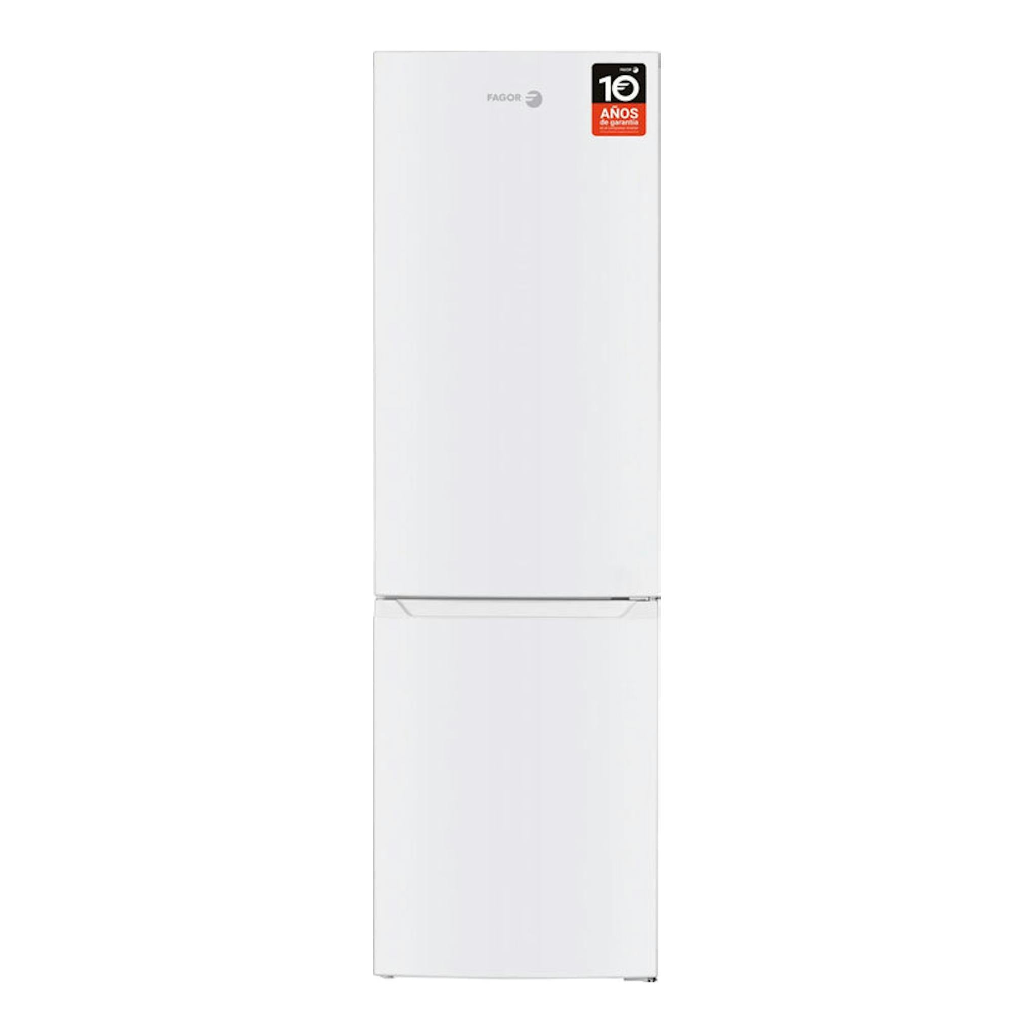 Frigorífico combi Fagor 3FFK-6637 blanco, vista frontal, con etiqueta de 10 años.