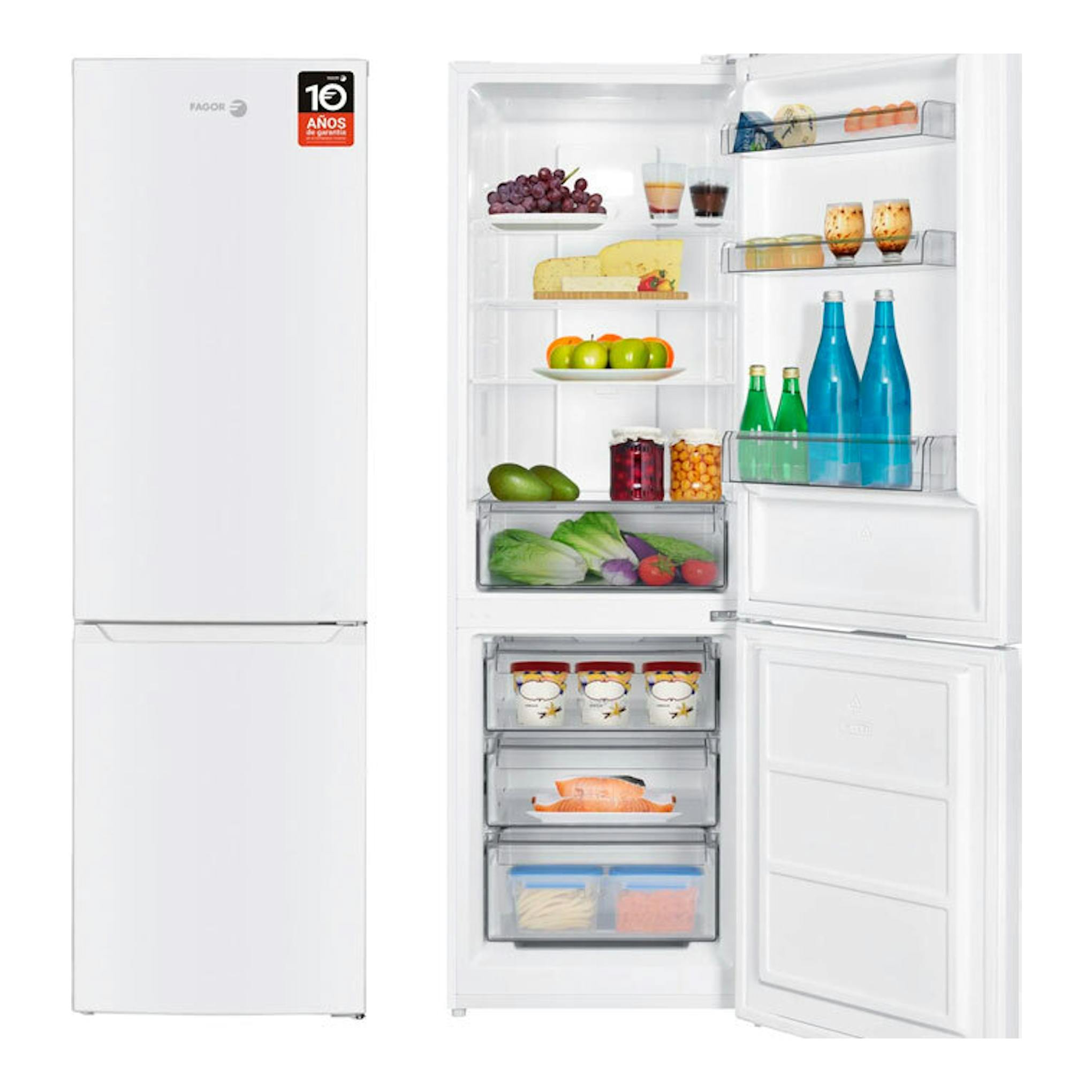 Frigorífico combi Fagor 3FFK-6637 blanco, vista frontal con la puerta abierta y estantes interiores visibles.