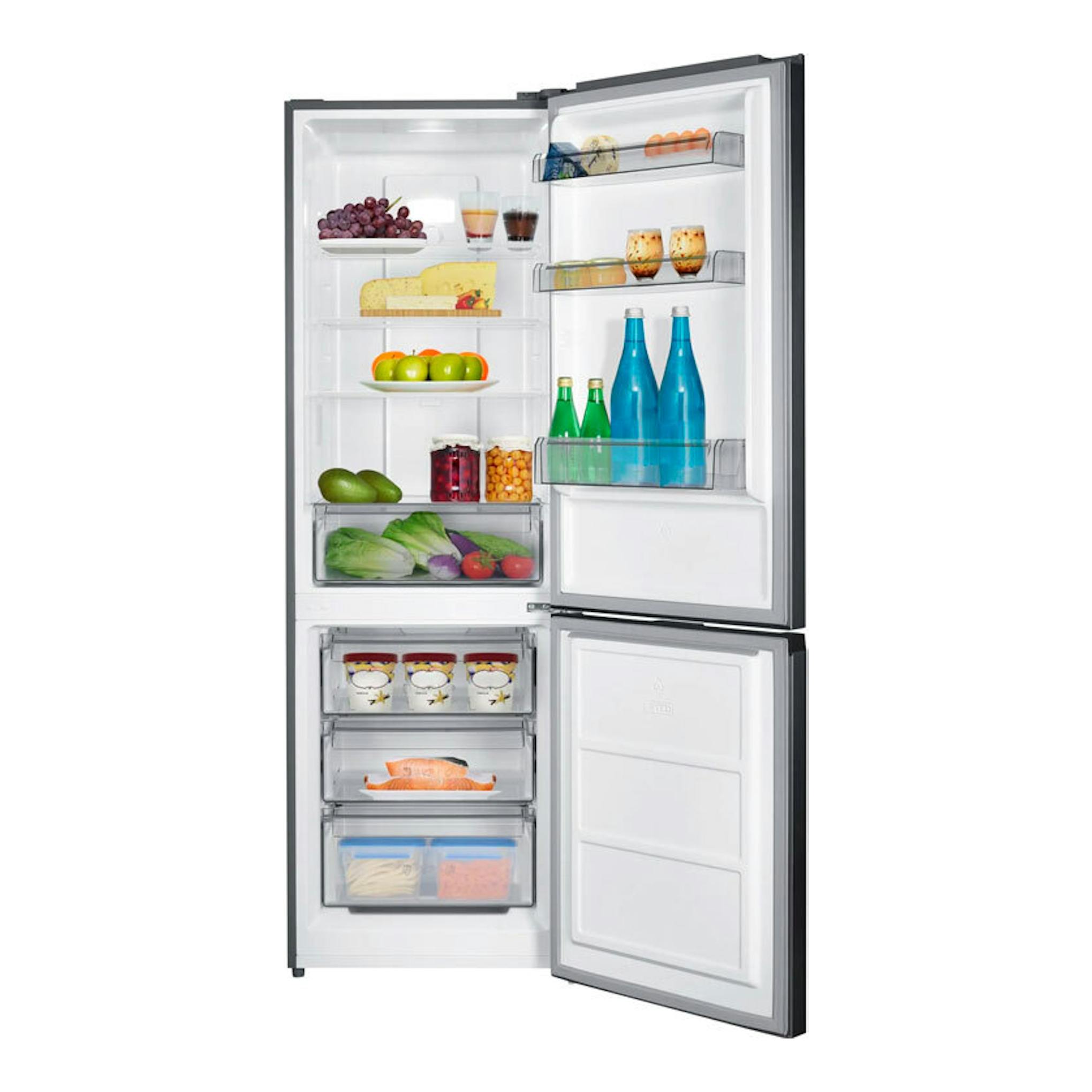 Frigorífico combi Fagor 3FFK-6637X inox, vista frontal con puertas abiertas y alimentos dentro.