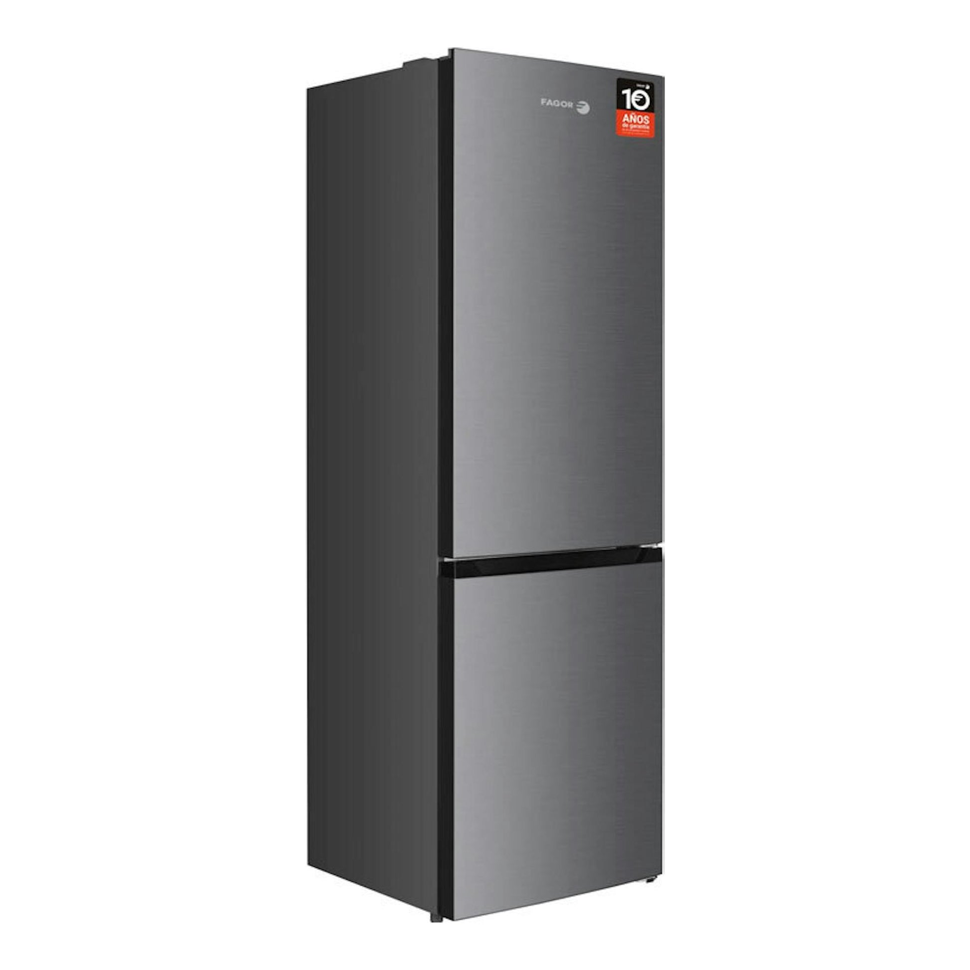 Frigorífico combi Fagor 3FFK-6637X inox, vista frontal en ángulo, acabado gris oscuro.