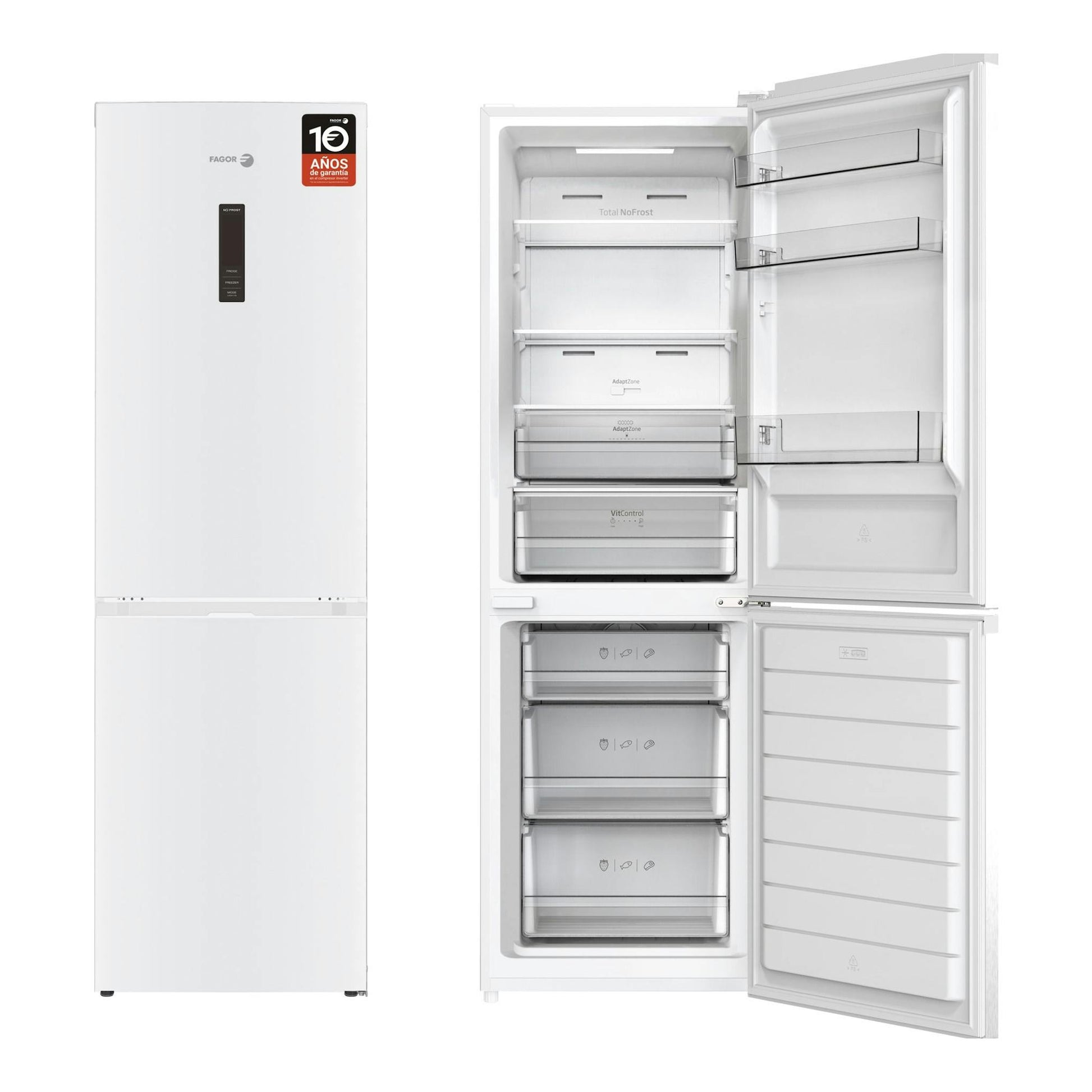 Frigorífico combi Fagor 3FFK-6677 blanco, vista frontal con la puerta abierta y compartimentos interiores visibles.