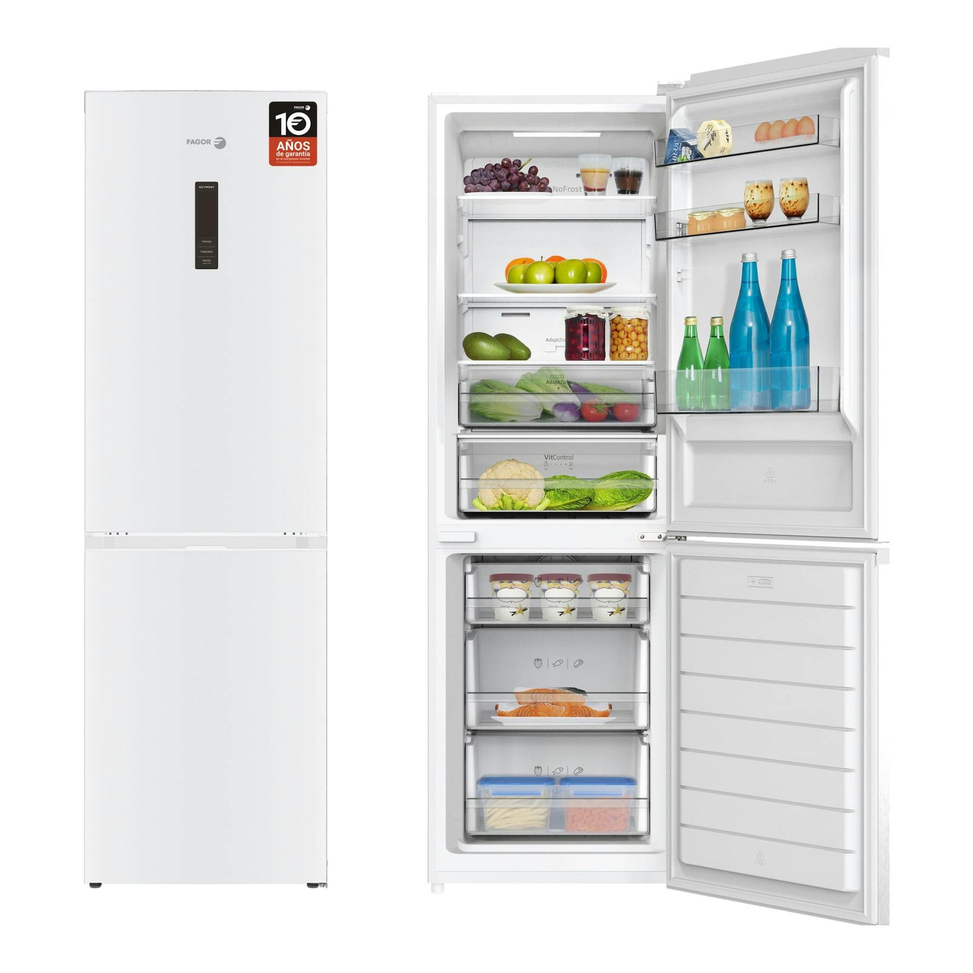 Frigorífico combi Fagor 3FFK-6677 blanco, vista frontal con puerta abierta e interior con alimentos.