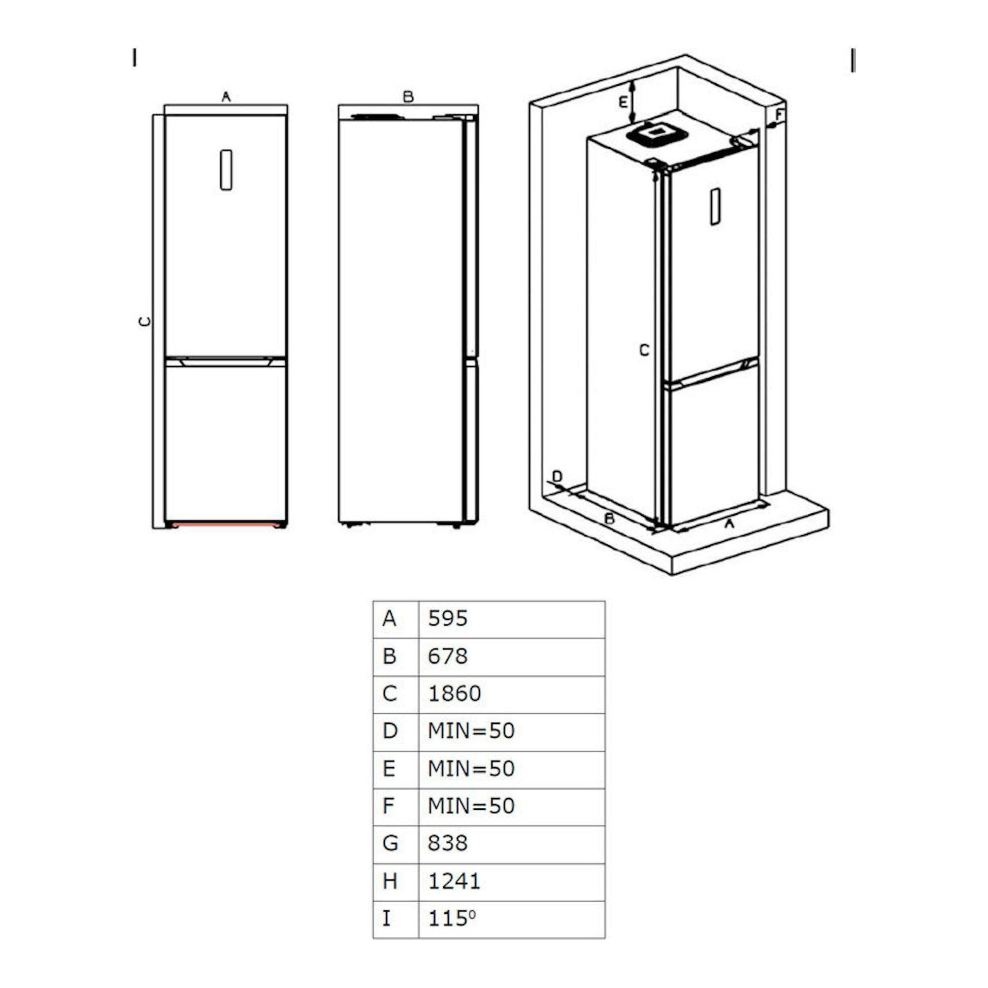 Diagrama técnico del frigorífico combi Fagor 3FFK-6677X inox, vistas frontal, lateral e isométrica.