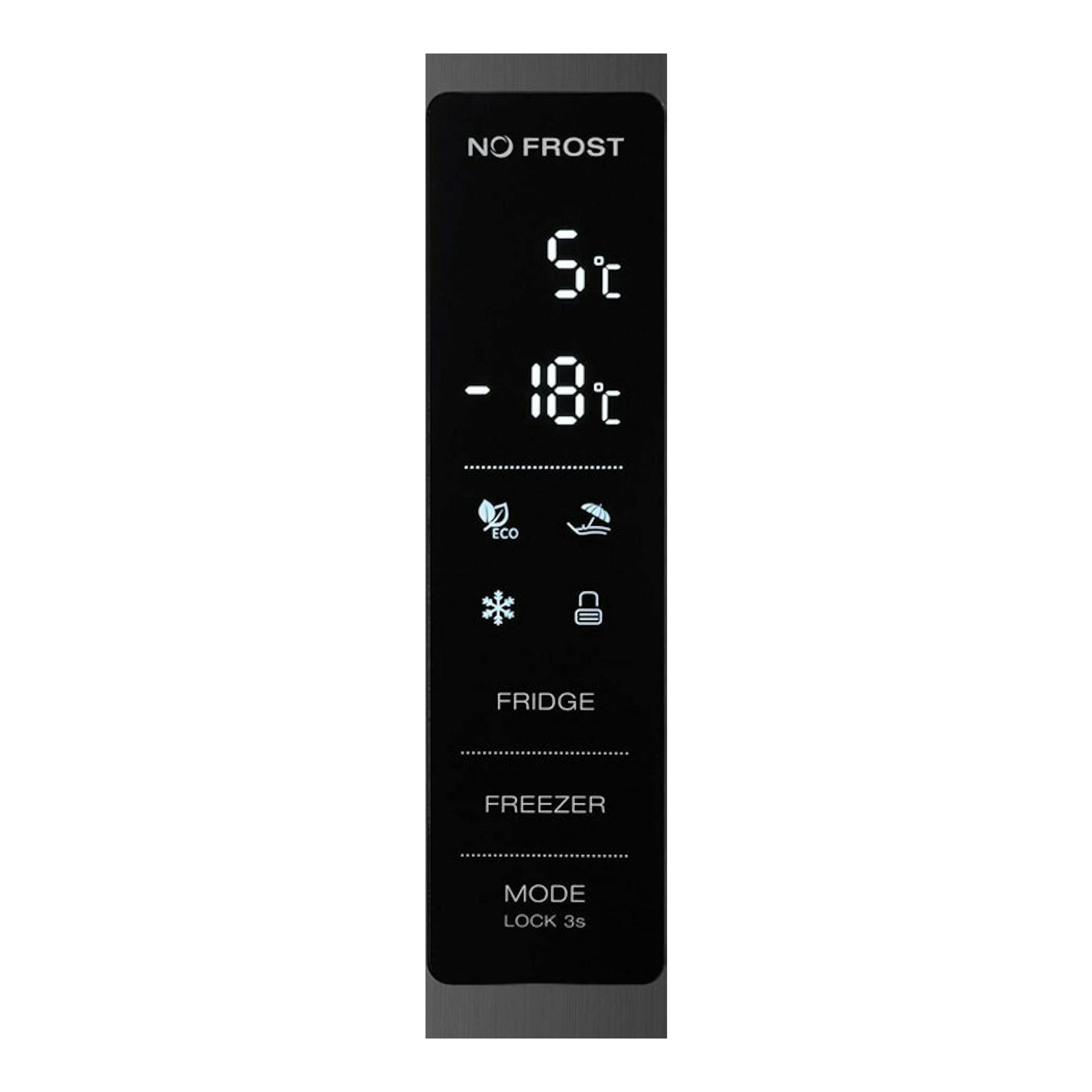 Panel táctil frontal de frigorífico combi Fagor 3FFK-6677X inox, con display NO FROST y 5°C/-18°C.