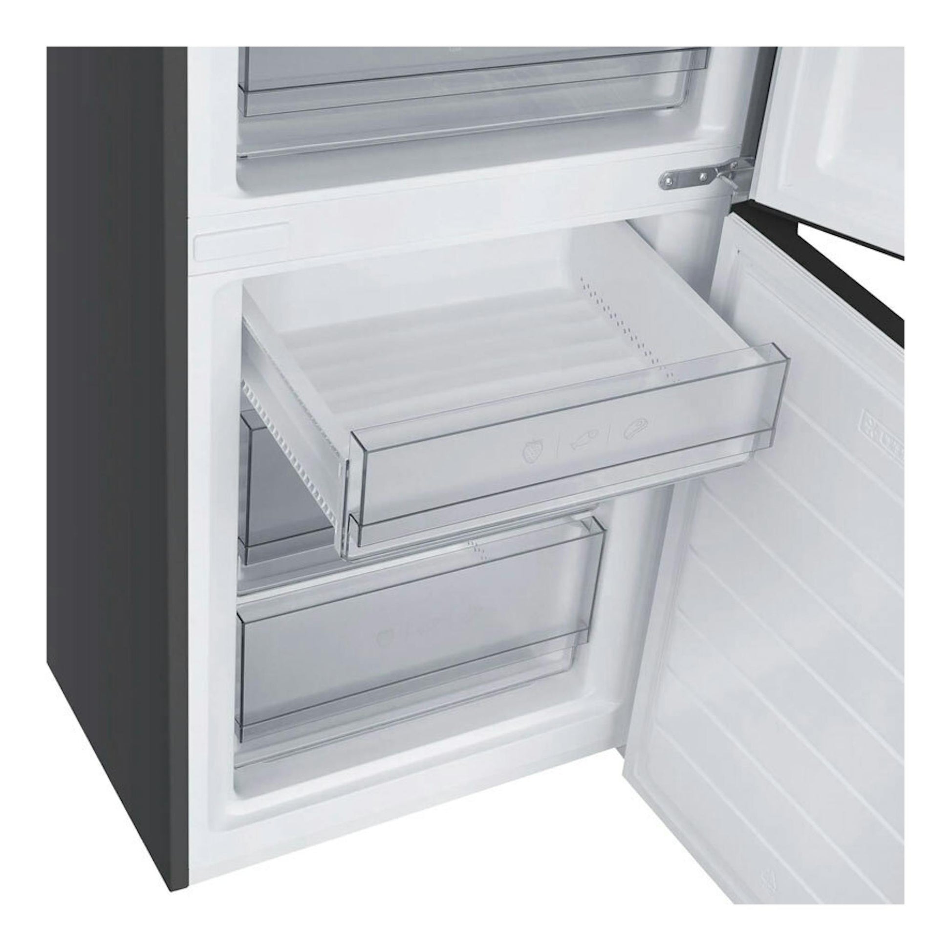 Frigorífico Fagor 3FFK-6677X inox, vista interior con cajones transparentes y puerta abierta.