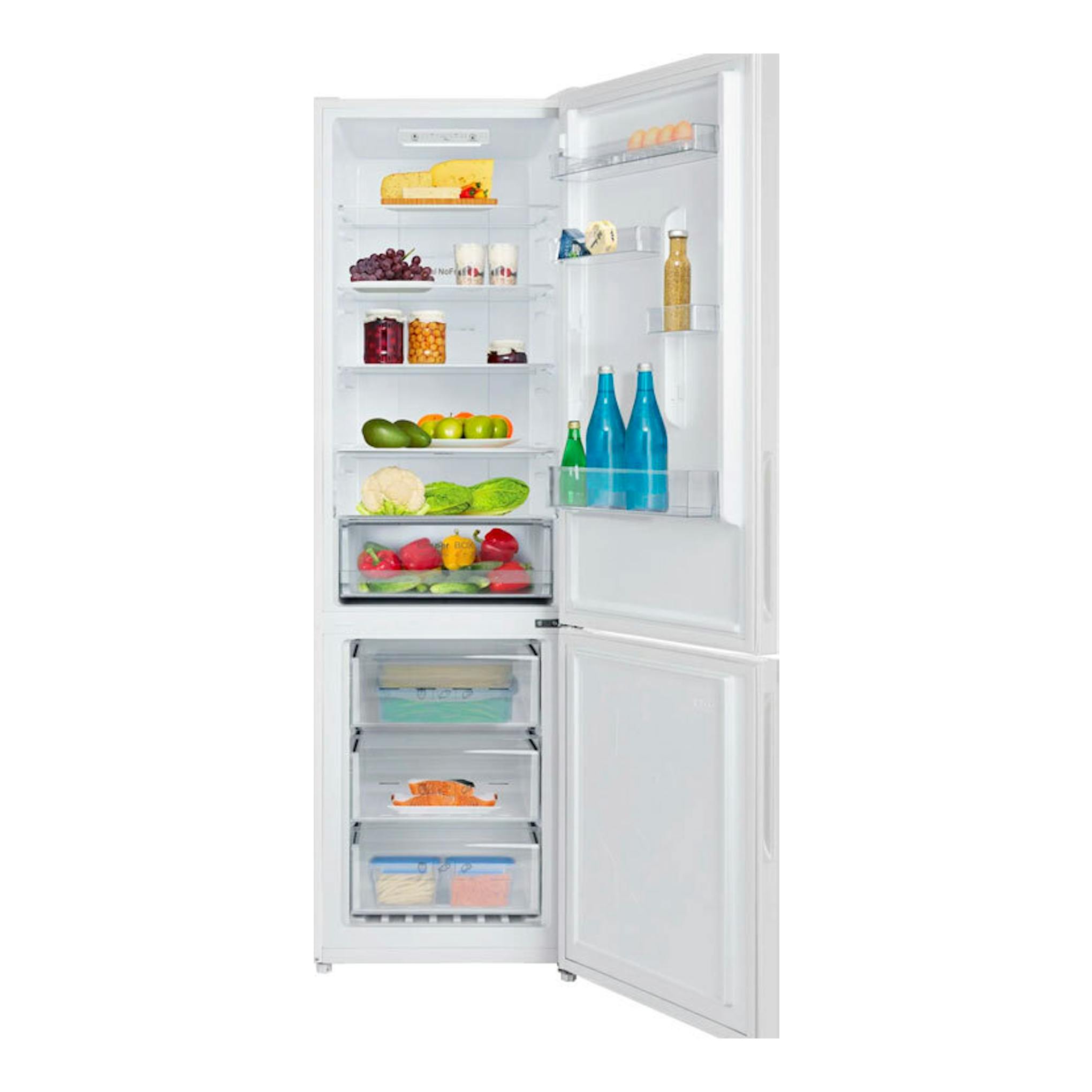 Frigorífico combi Fagor 3FFK-6840 blanco, vista frontal con puertas abiertas y estantes interiores.
