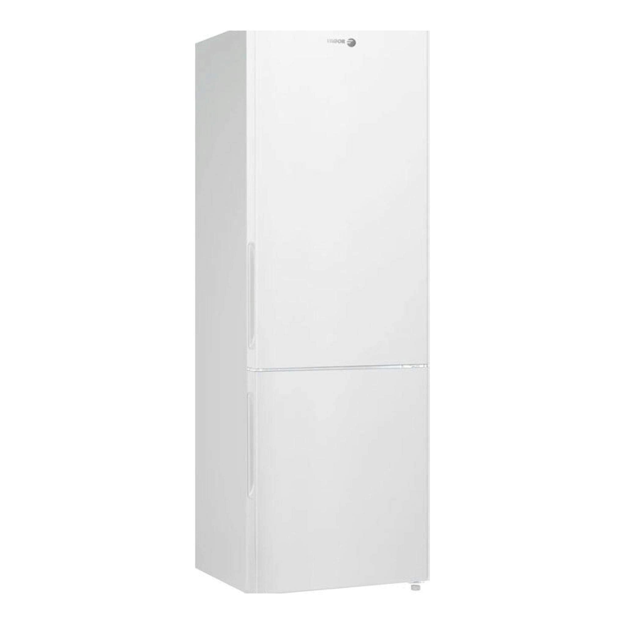 Frigorífico combi Fagor blanco, vista frontal ligeramente en ángulo, con dos puertas.