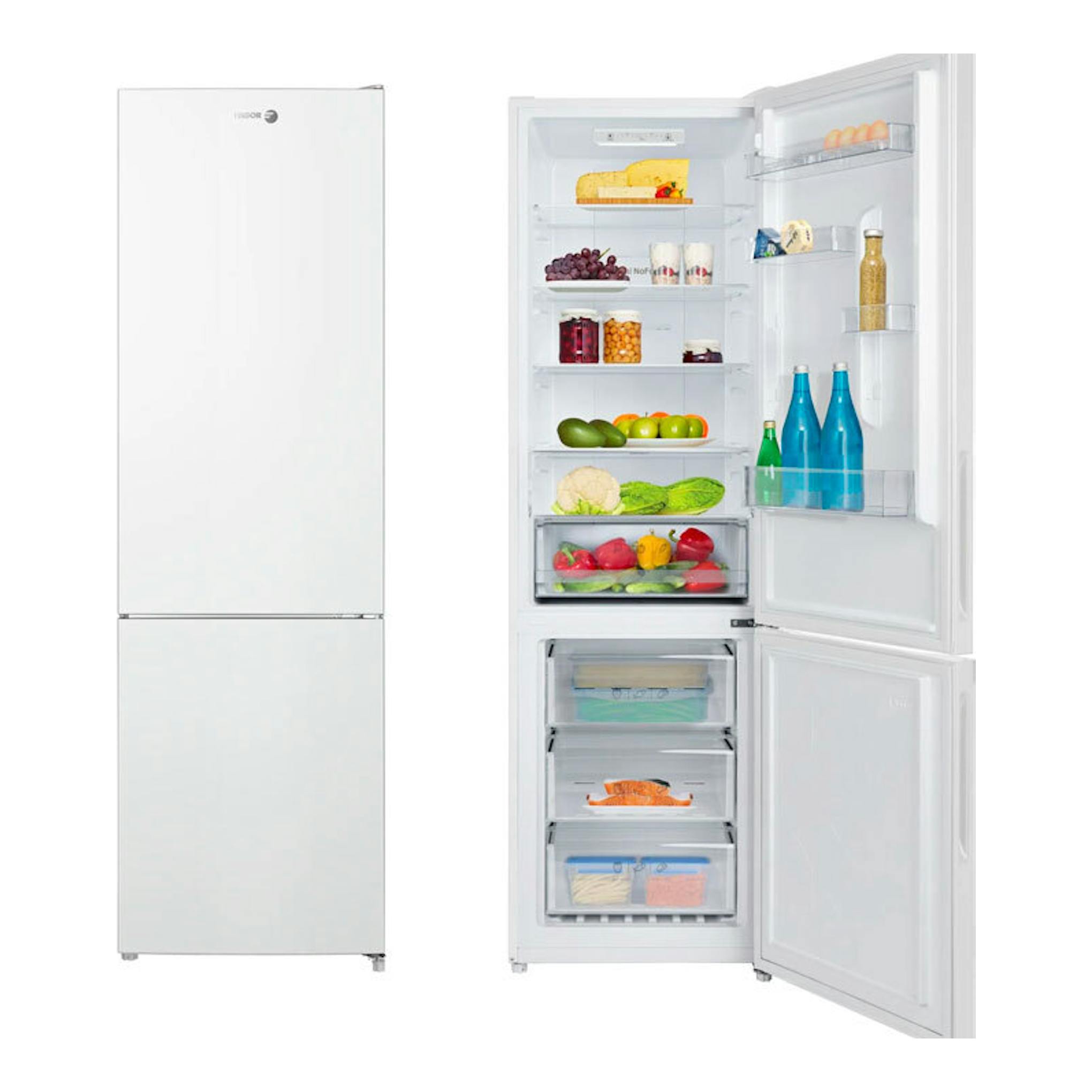 Frigorífico combi Fagor 3FFK-6840 blanco, vista frontal y abierta con interior visible.