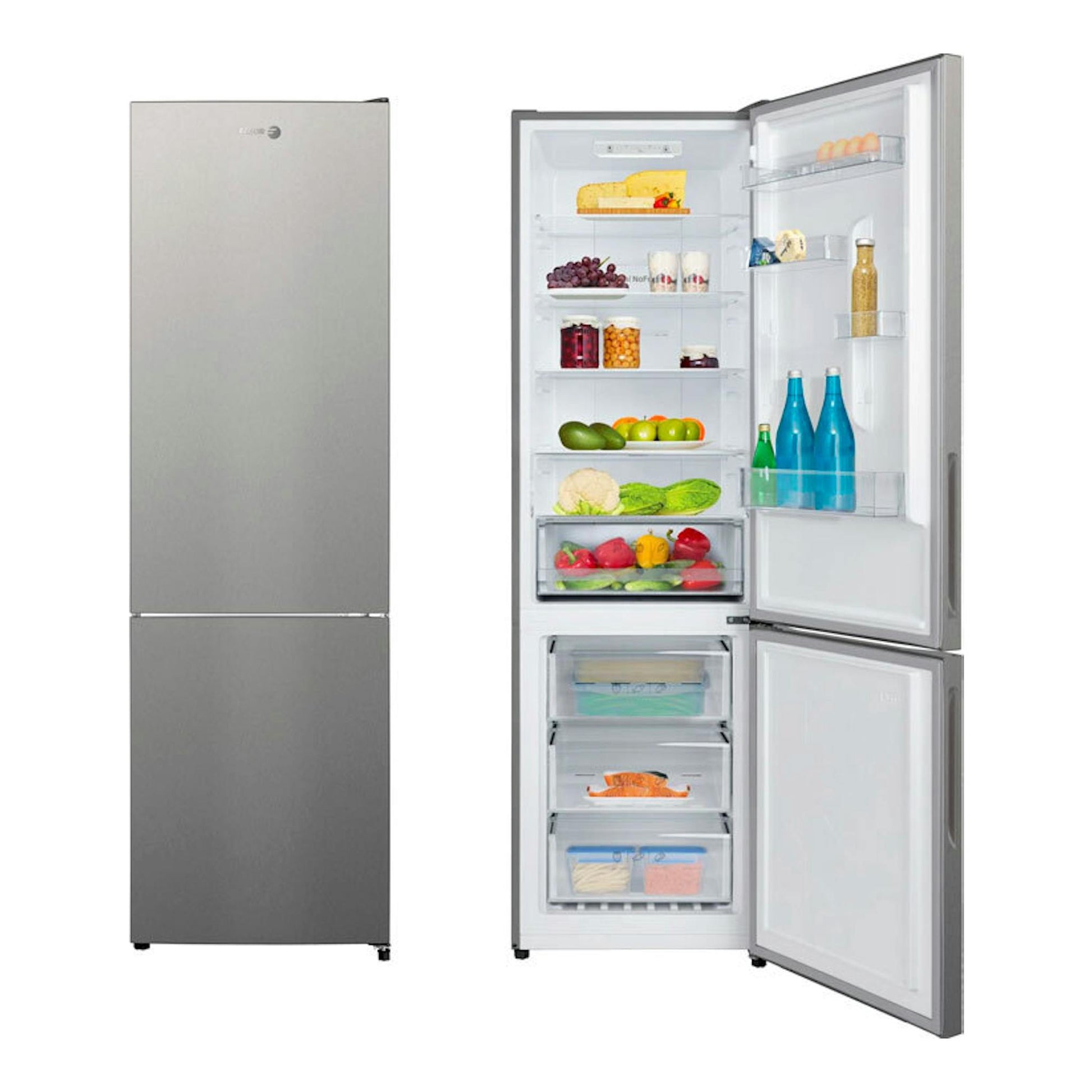 Frigorífico combi Fagor 3FFK-6840X inox, vista frontal y abierto, con interior y congelador visibles.