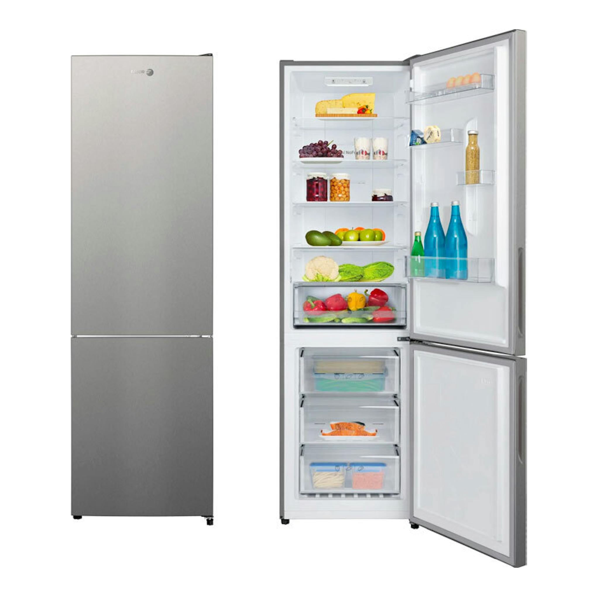 Frigorífico combi Fagor 3FFK-6840X inox, vista frontal y abierto, con interior y congelador visibles.
