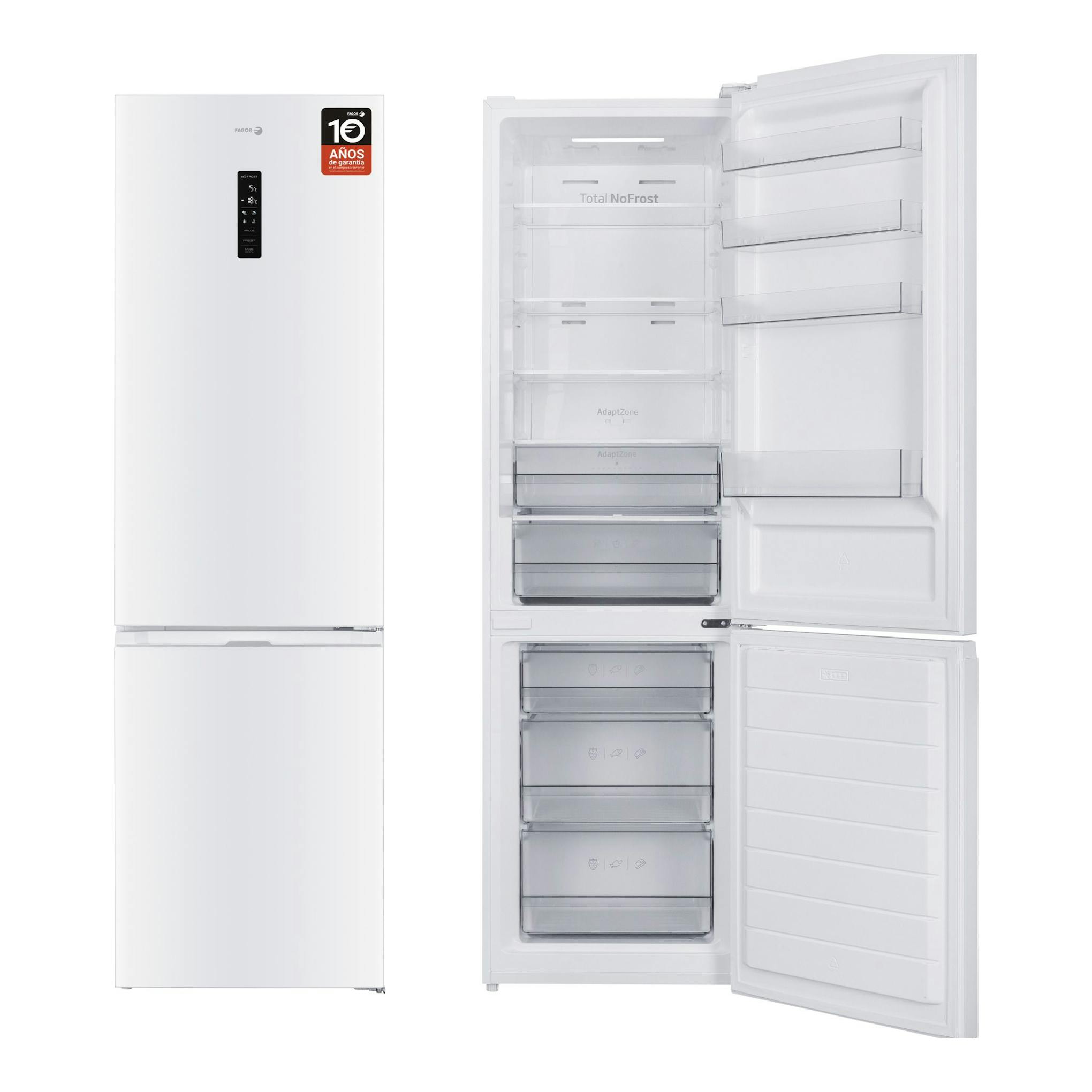 Frigorífico combi Fagor 3FFK-6877 blanco, vista frontal y puertas abiertas con interior y cajones.