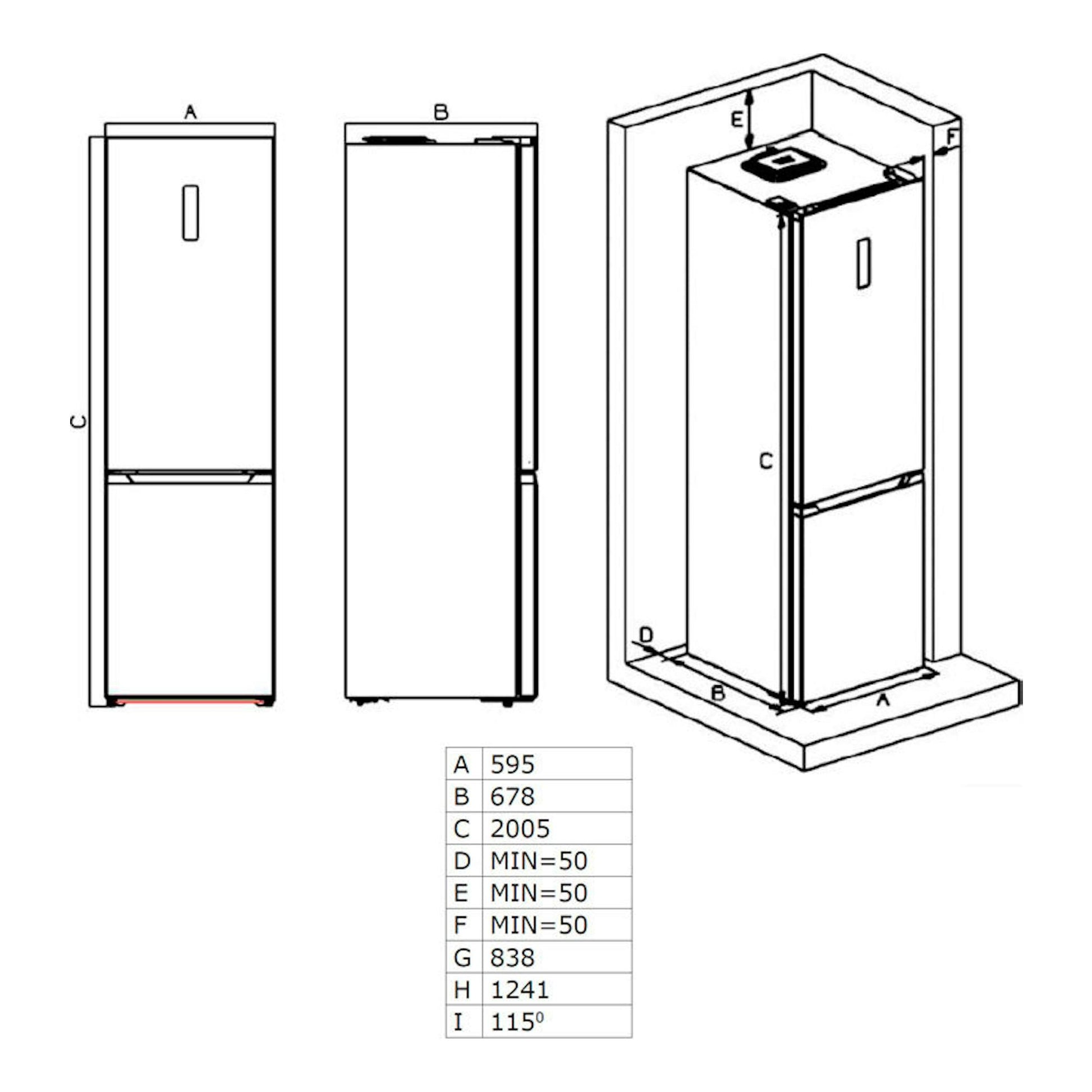 Diagrama técnico de frigorífico combi Fagor 3FFK-6877X inox, vistas frontal, lateral y perspectiva con medidas.