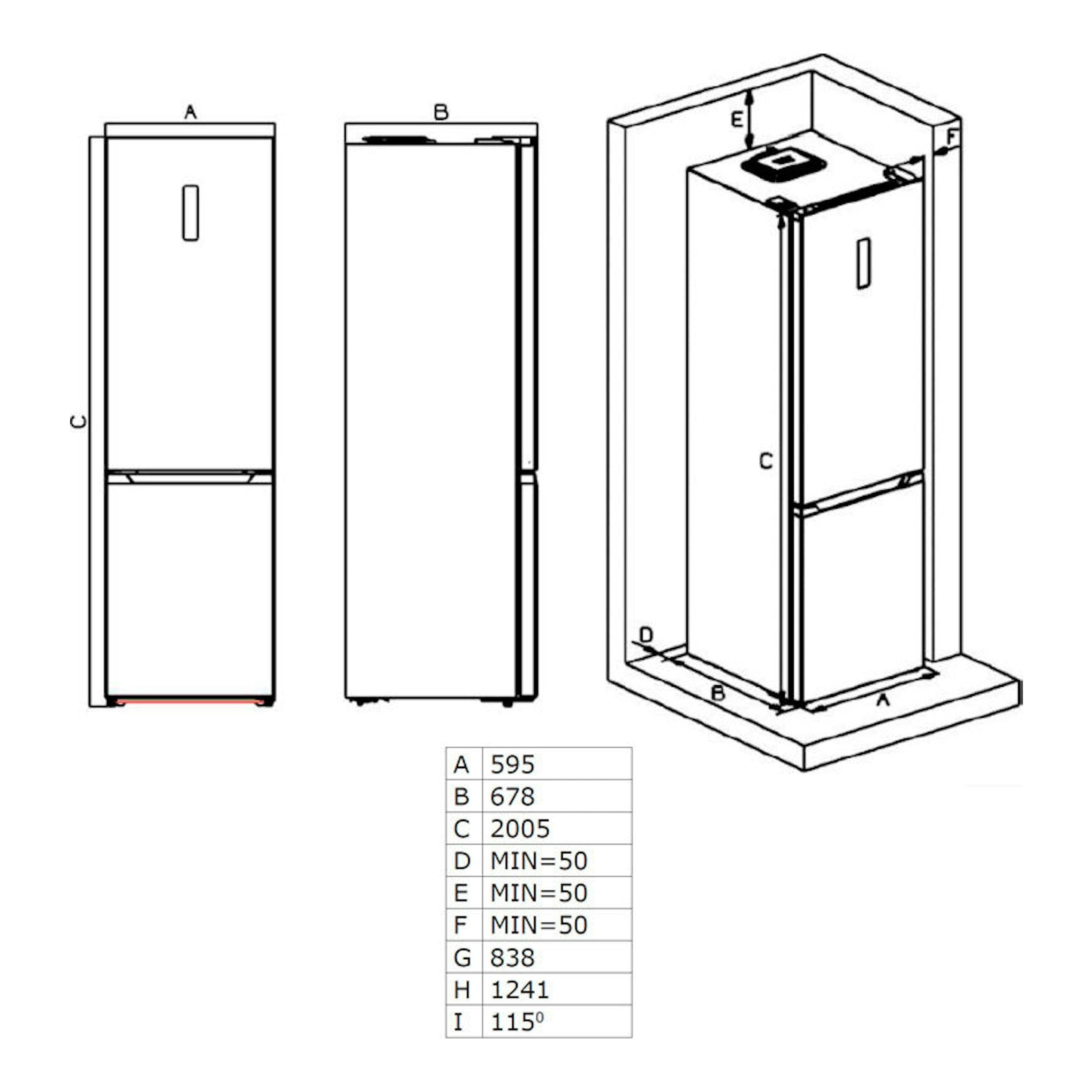 Diagrama técnico de frigorífico combi Fagor 3FFK-6877X inox, vistas frontal, lateral y perspectiva con medidas.