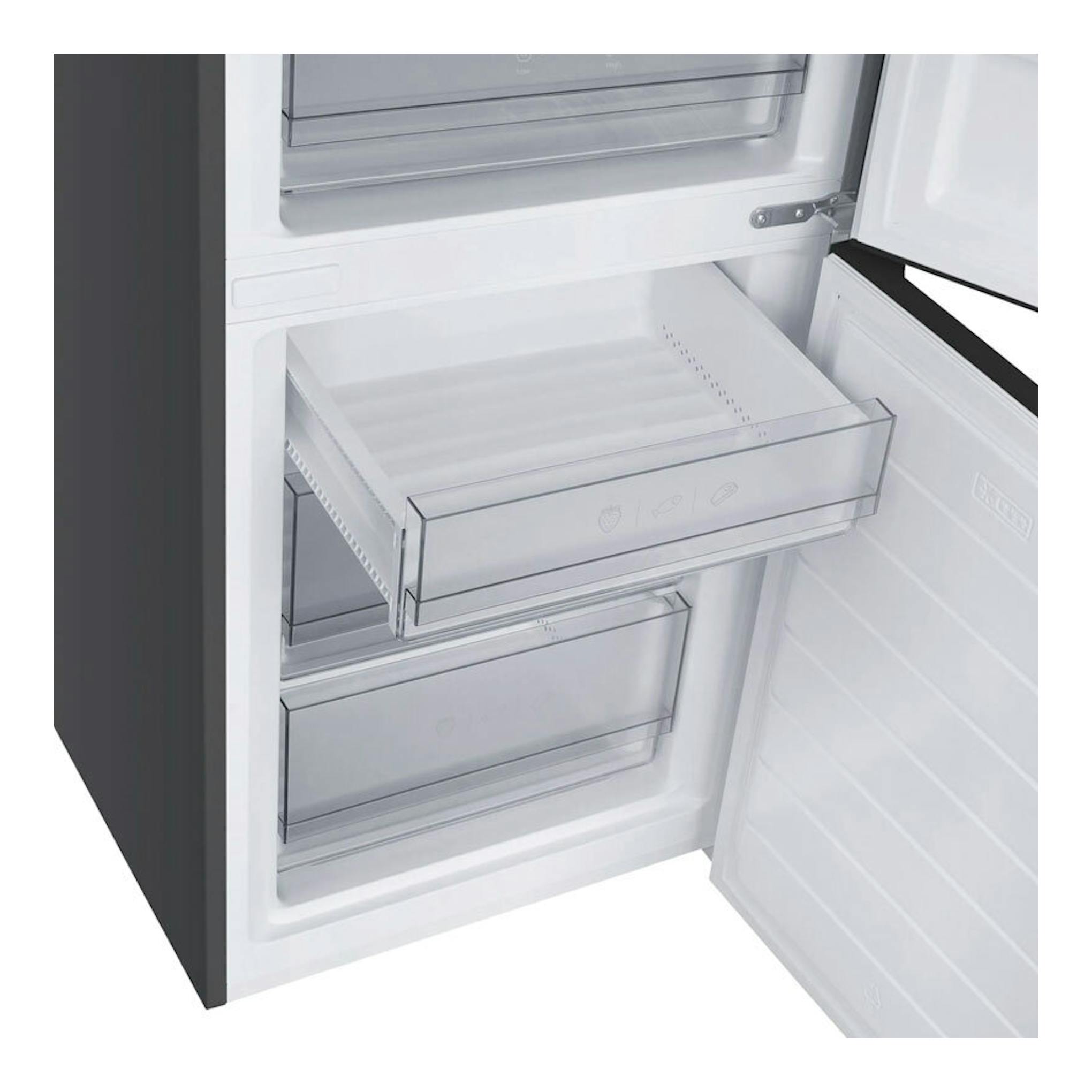 Frigorífico combi Fagor 3FFK-6877X inox, puerta abierta y cajones transparentes del congelador, vista frontal.
