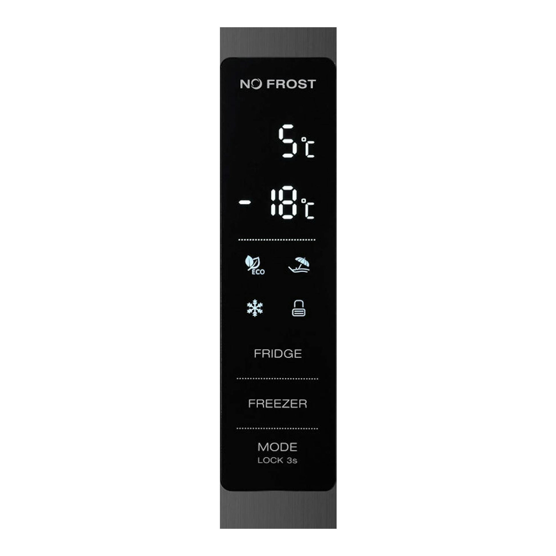 Panel táctil de frigorífico combi Fagor 3FFK-6877X inox, vista frontal, con pantalla No Frost y 5 °C/-18 °C.