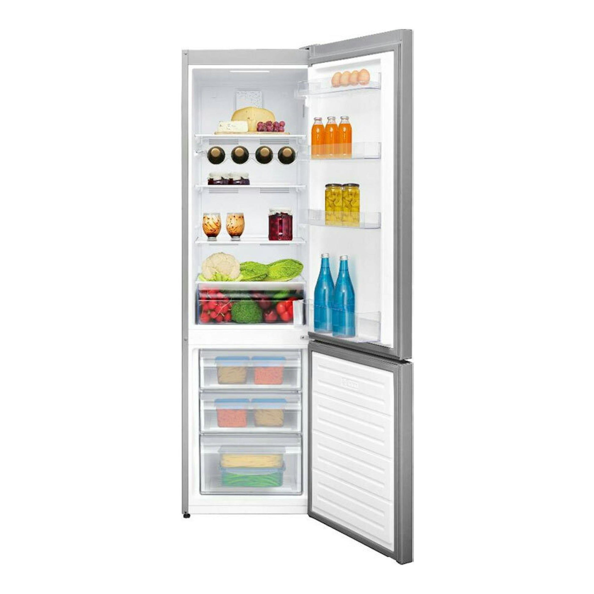 Frigorífico combi Fagor 3FFK5522X inox, vista frontal con puertas abiertas, interior y congelador visibles.