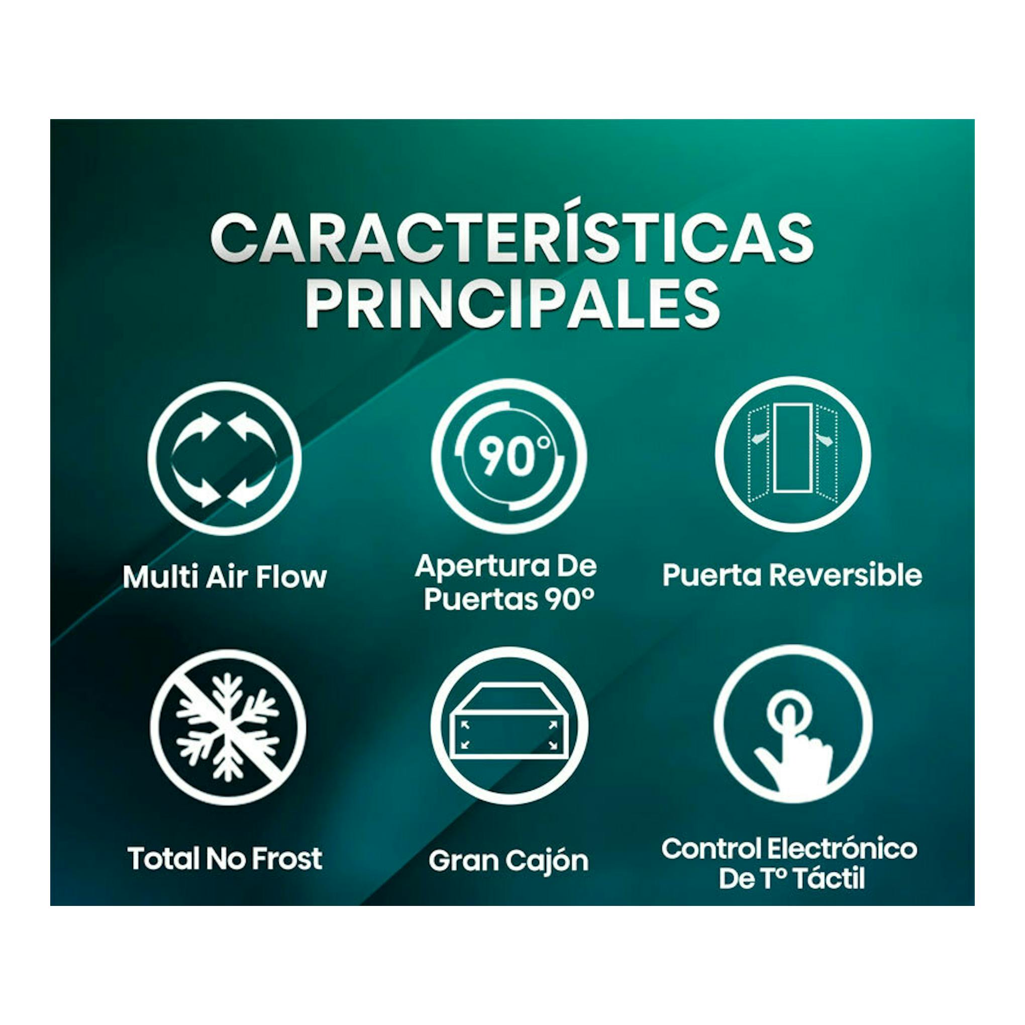 Infografía de características del frigorífico combi Hisense RB329N4AWE en fondo verde con seis iconos.