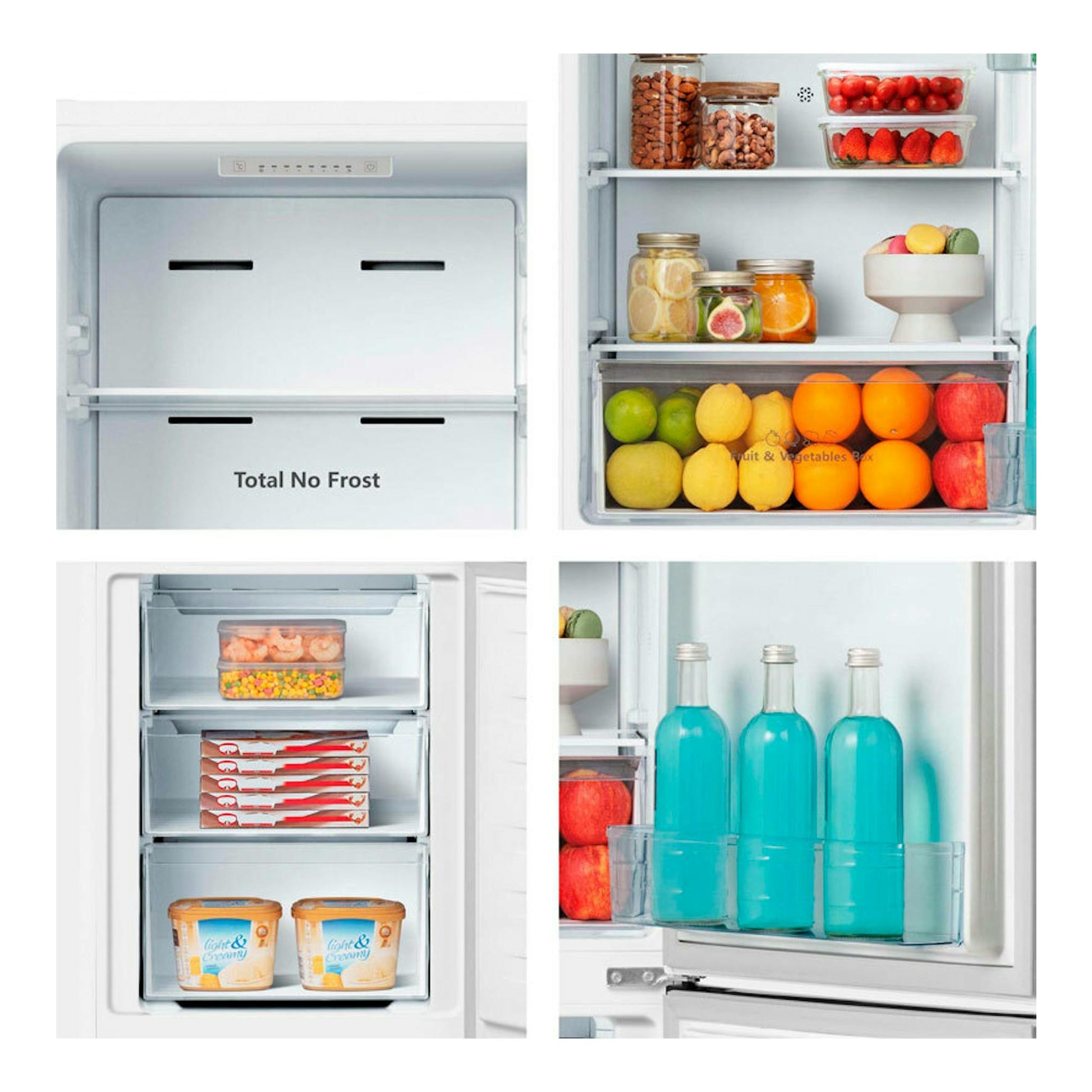Frigorífico combi Hisense RB329N4AWE blanco, vista interior frontal con estantes, cajones y alimentos.