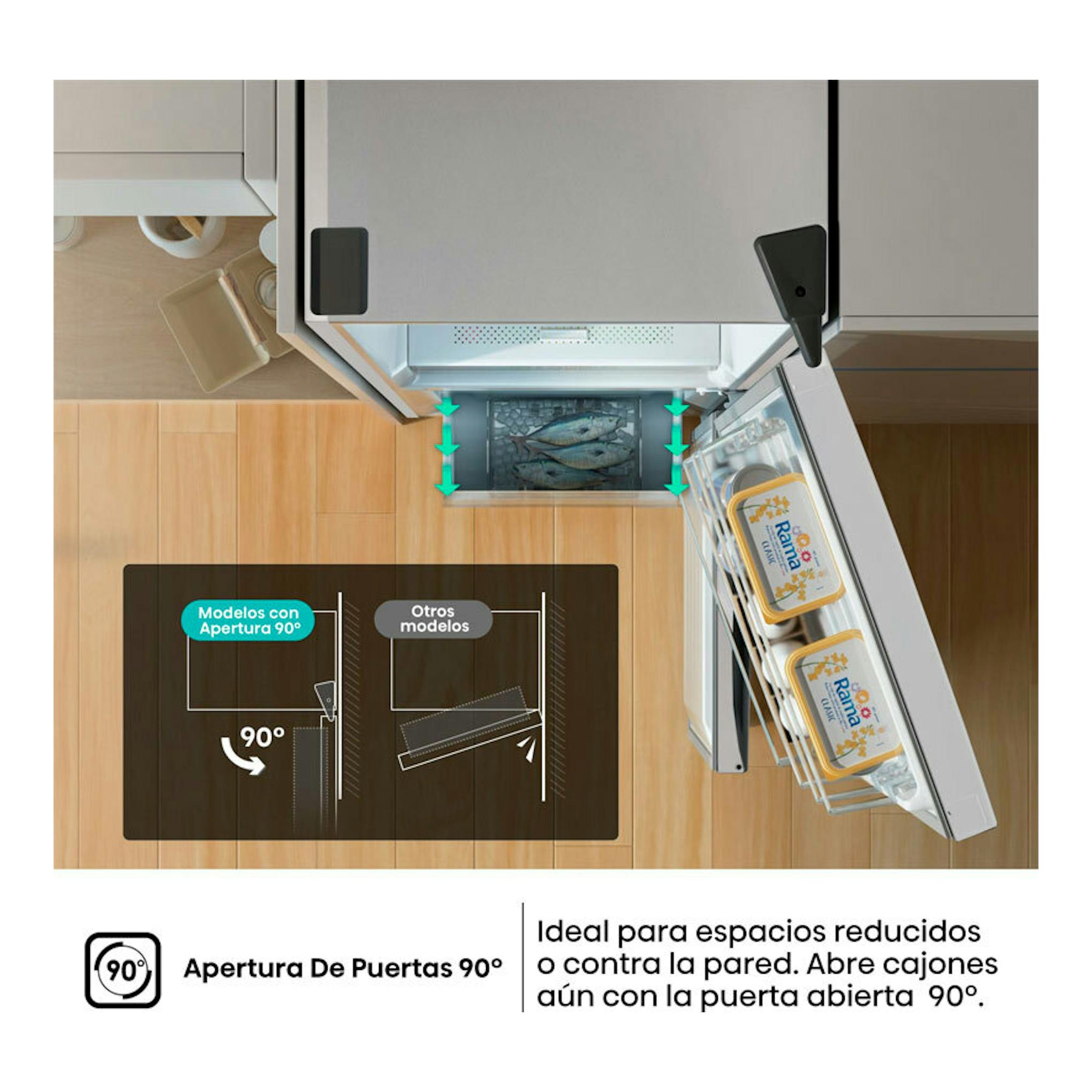 Frigorífico combi Hisense RB329N4AWE blanco, vista cenital con puerta abierta 90° y cajones extraídos.
