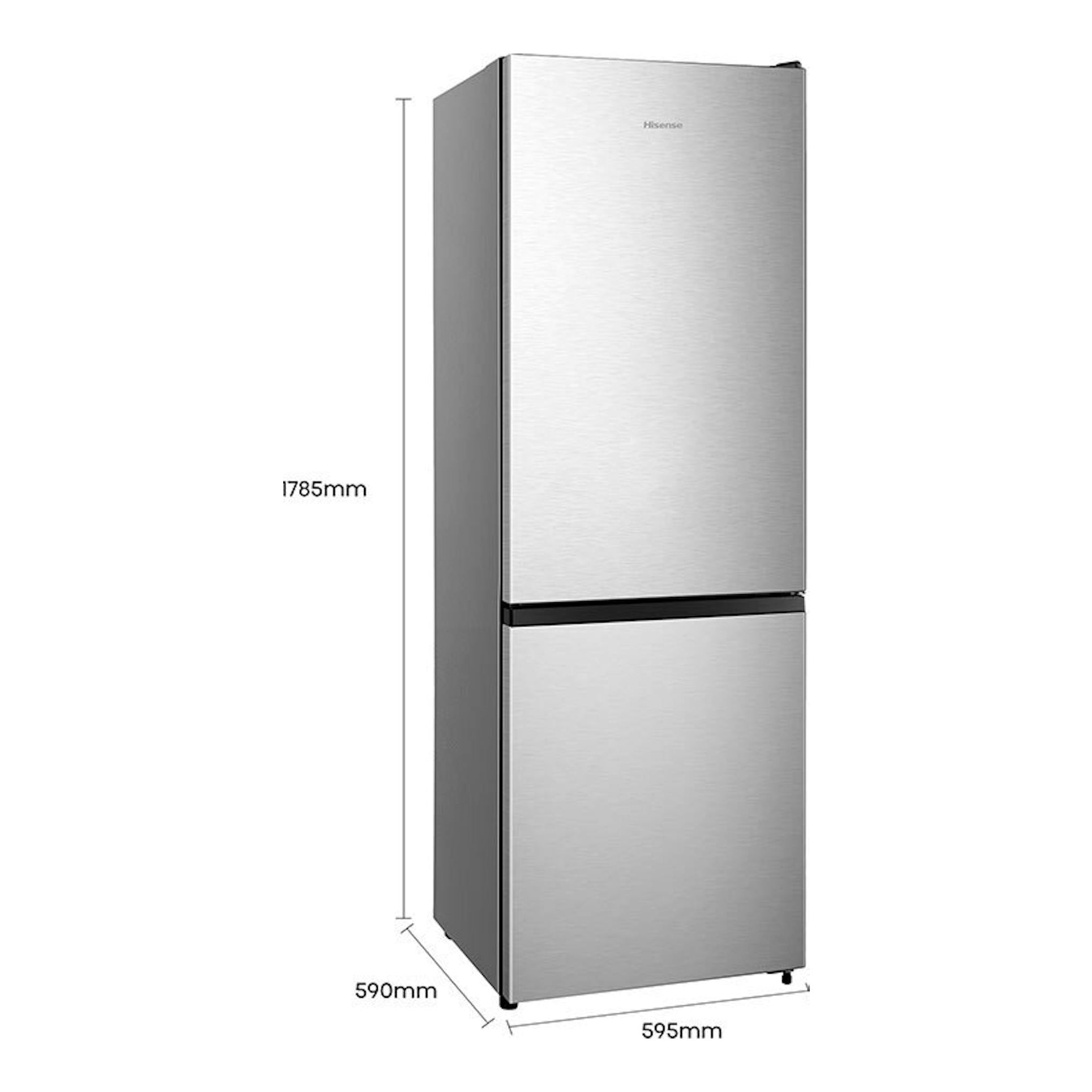Frigorífico combi Hisense RB372N4ACE inox, vista frontal en ángulo, con medidas 1785 x 595 x 590 mm.
