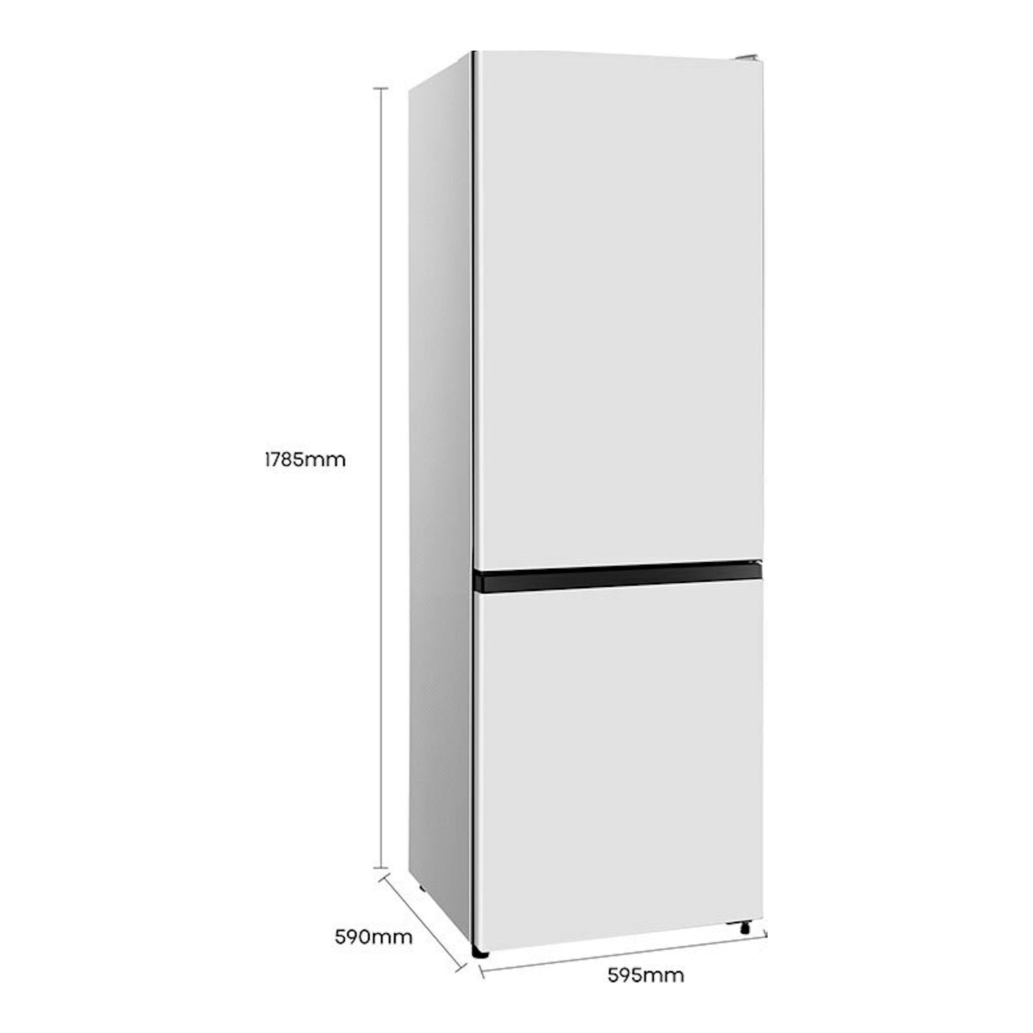 Frigorífico combi Hisense RB372N4AWE blanco, vista frontal en ángulo, con medidas 1785 x 595 x 590 mm.