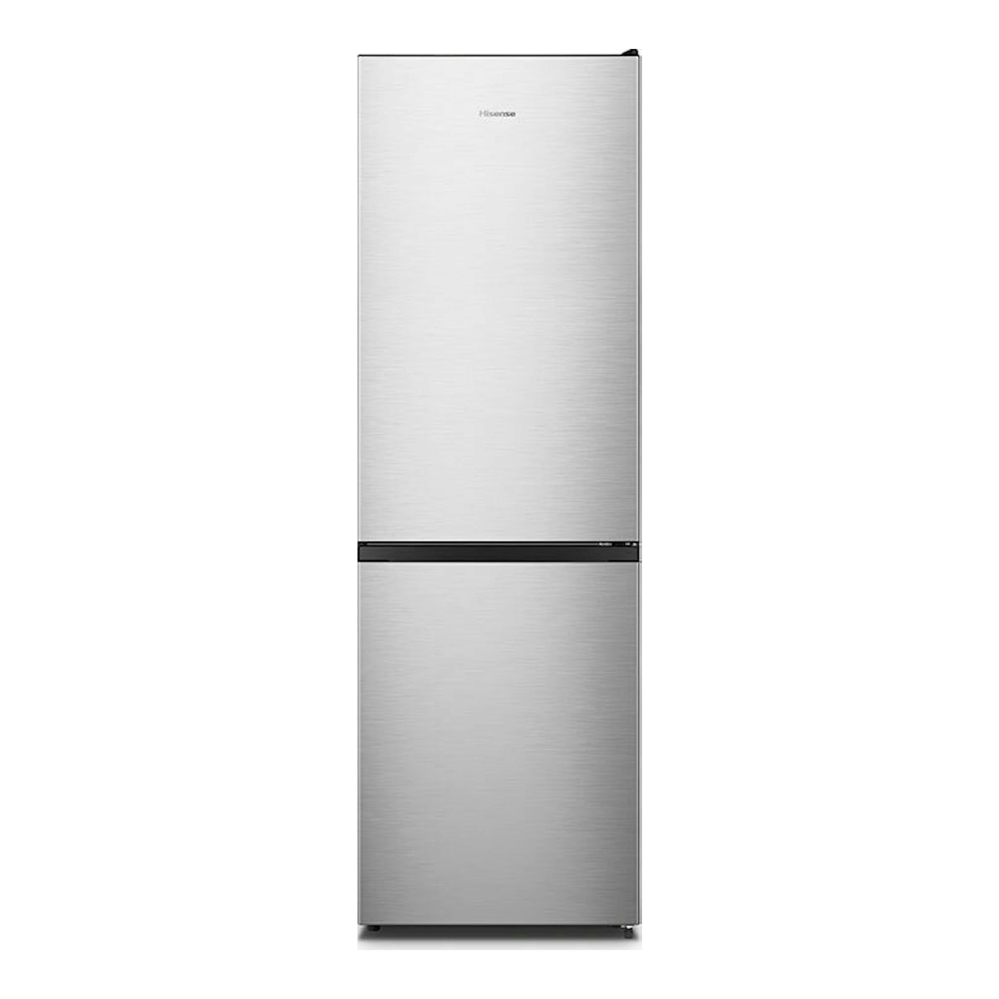 Frigorífico combi Hisense RB390N4ACE en inox, vista frontal, con puertas plateadas.