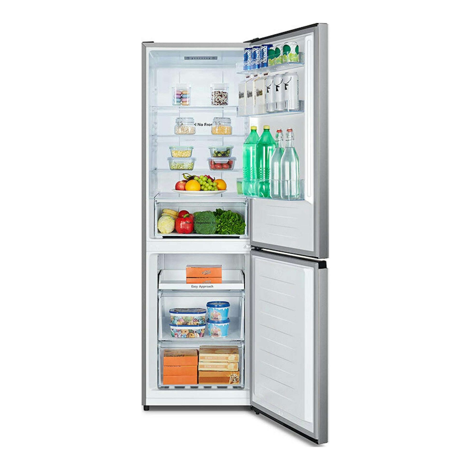 Frigorífico combi Hisense RB390N4ACE inox, vista frontal con puertas abiertas y compartimentos visibles.