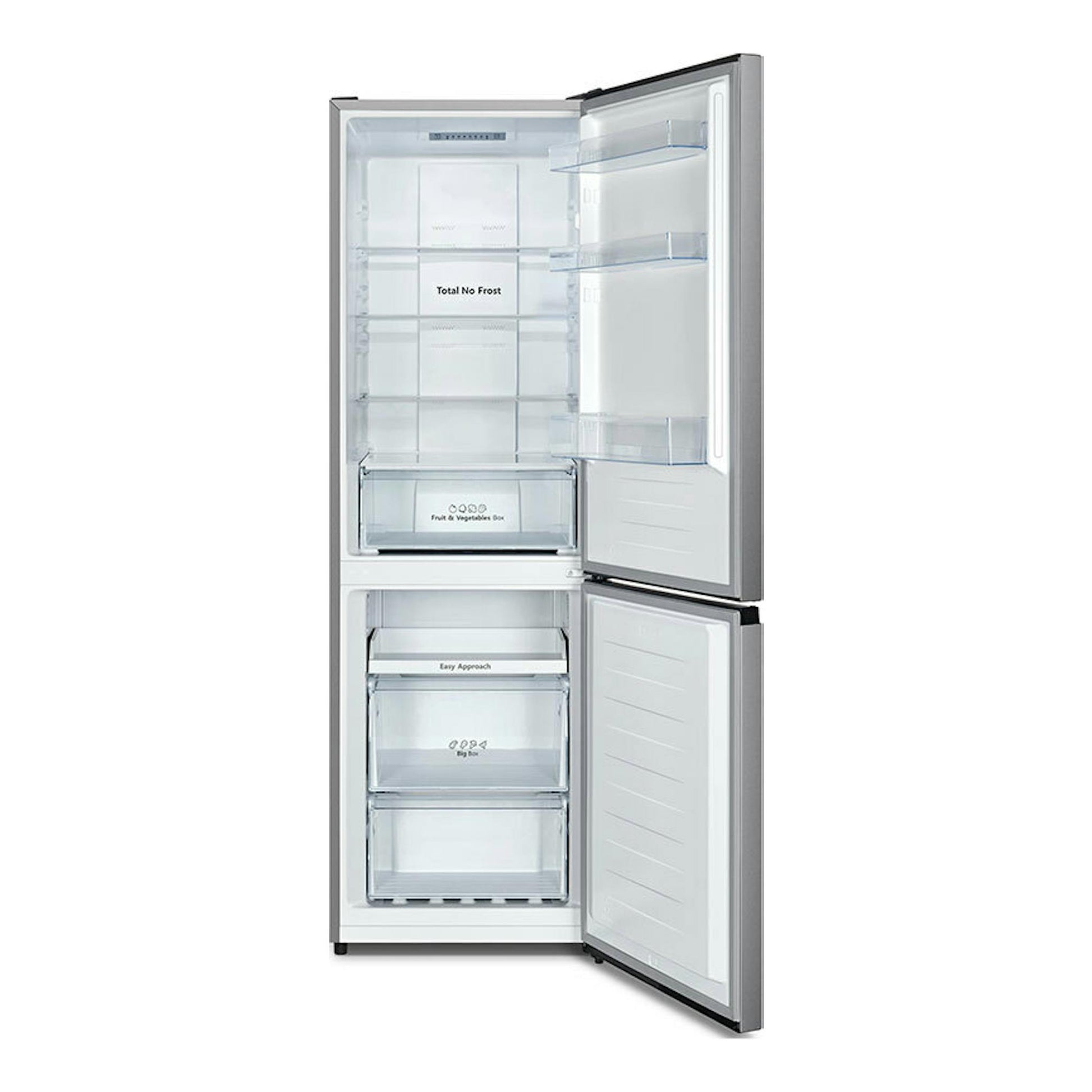 Frigorífico combi Hisense RB390N4ACE inox, vista frontal con puertas abiertas e interior blanco.