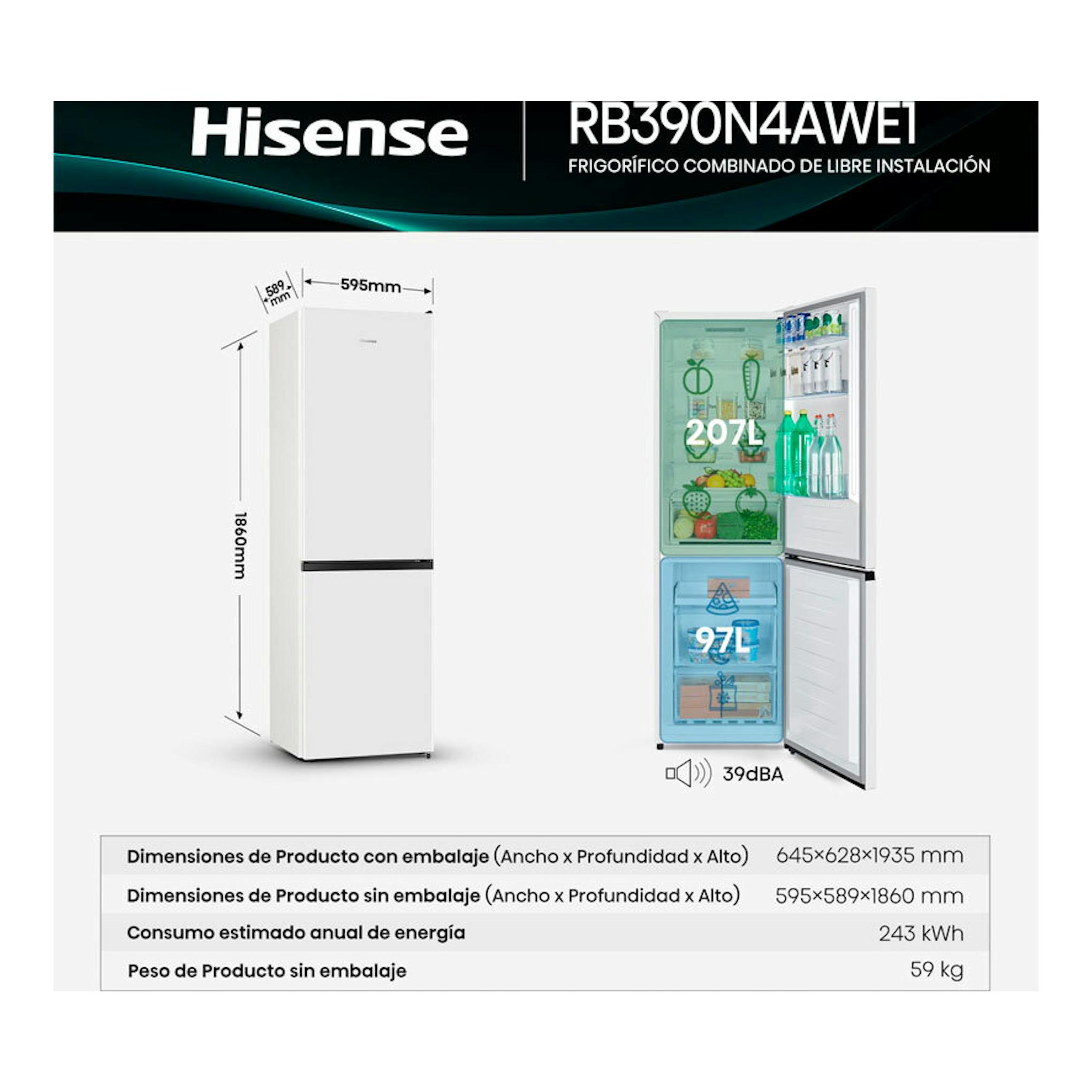 Hisense RB390N4AWE1, frigorífico combi blanco de libre instalación, vista frontal y abierto con medidas.