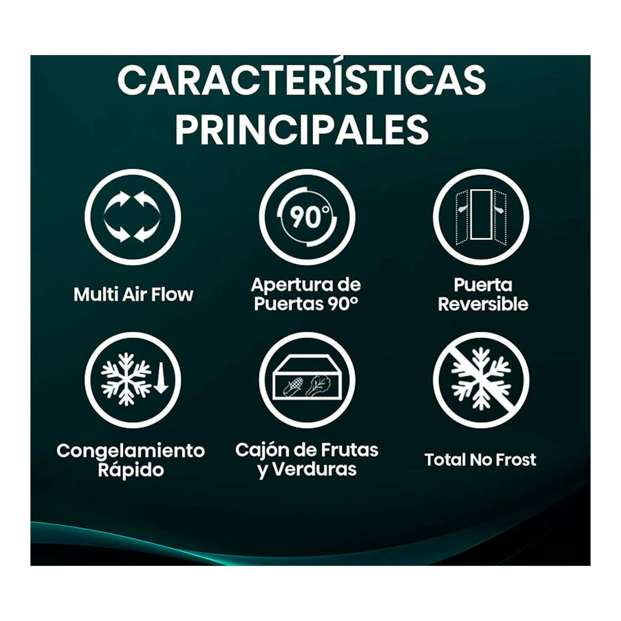 Hisense RB390N4AWE1 blanco, cartel frontal de características principales con iconos de Multi Air Flow y No Frost.