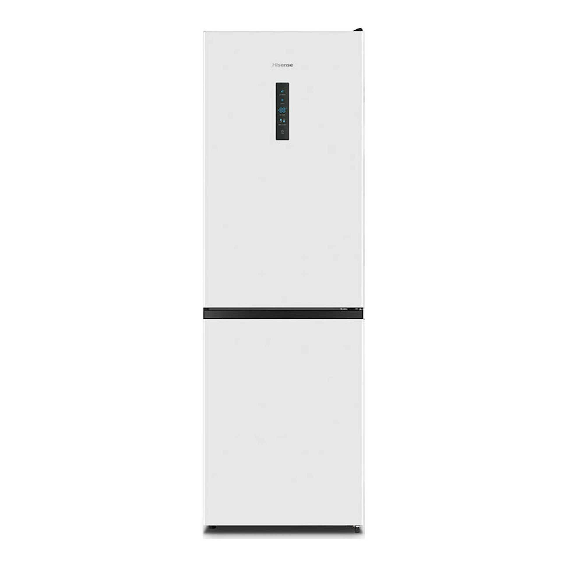 Frigorífico combi Hisense RB390N4BWC blanco, vista frontal, con panel negro central.