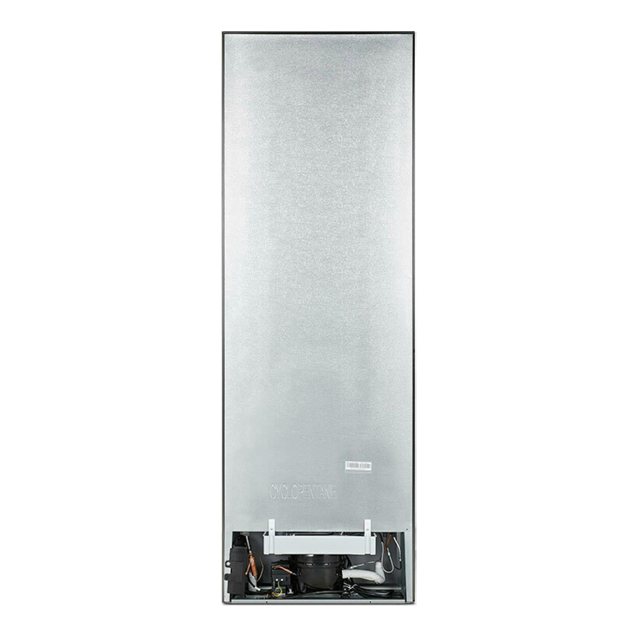 Frigorífico combi Hisense RB390N4CCD inox, vista trasera en color plata con parte inferior abierta.