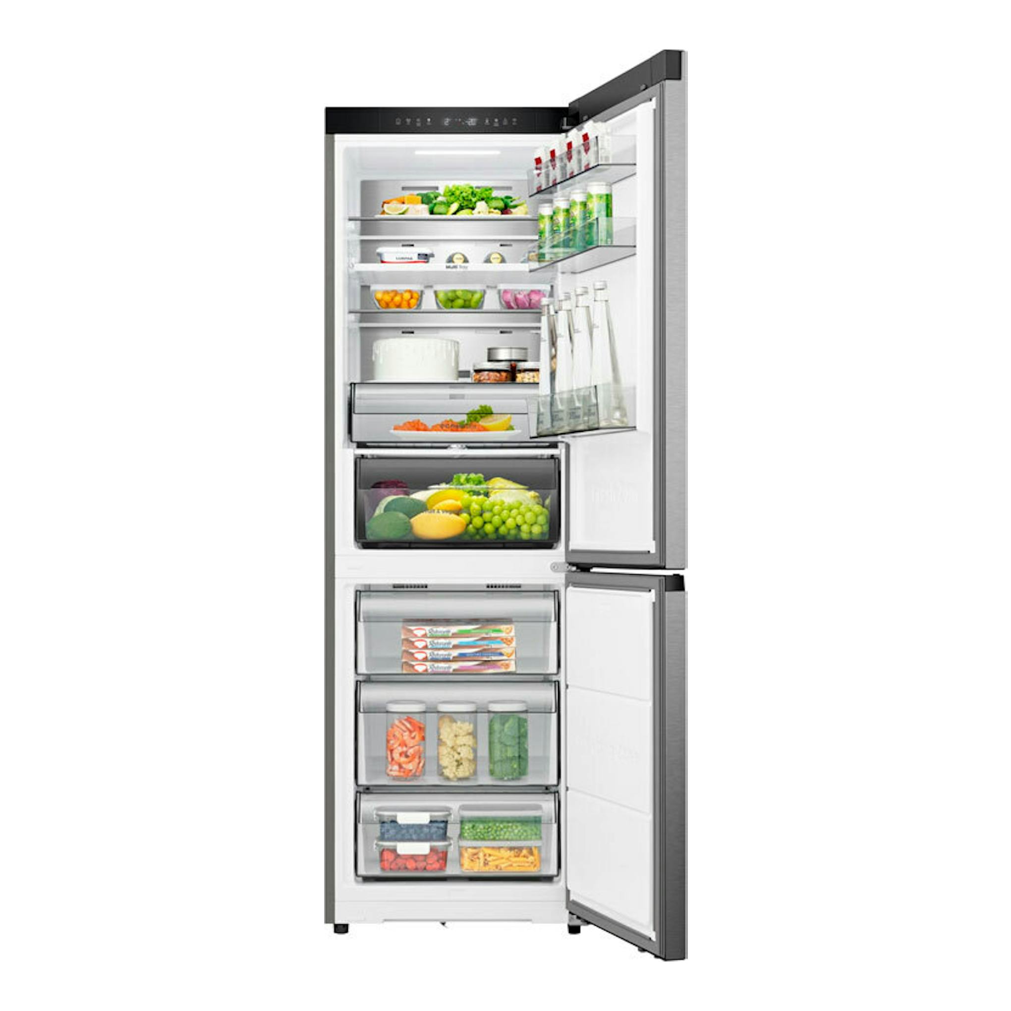 Frigorífico combi Hisense RB3K330SAIC inox, vista frontal con puertas abiertas y compartimentos visibles.