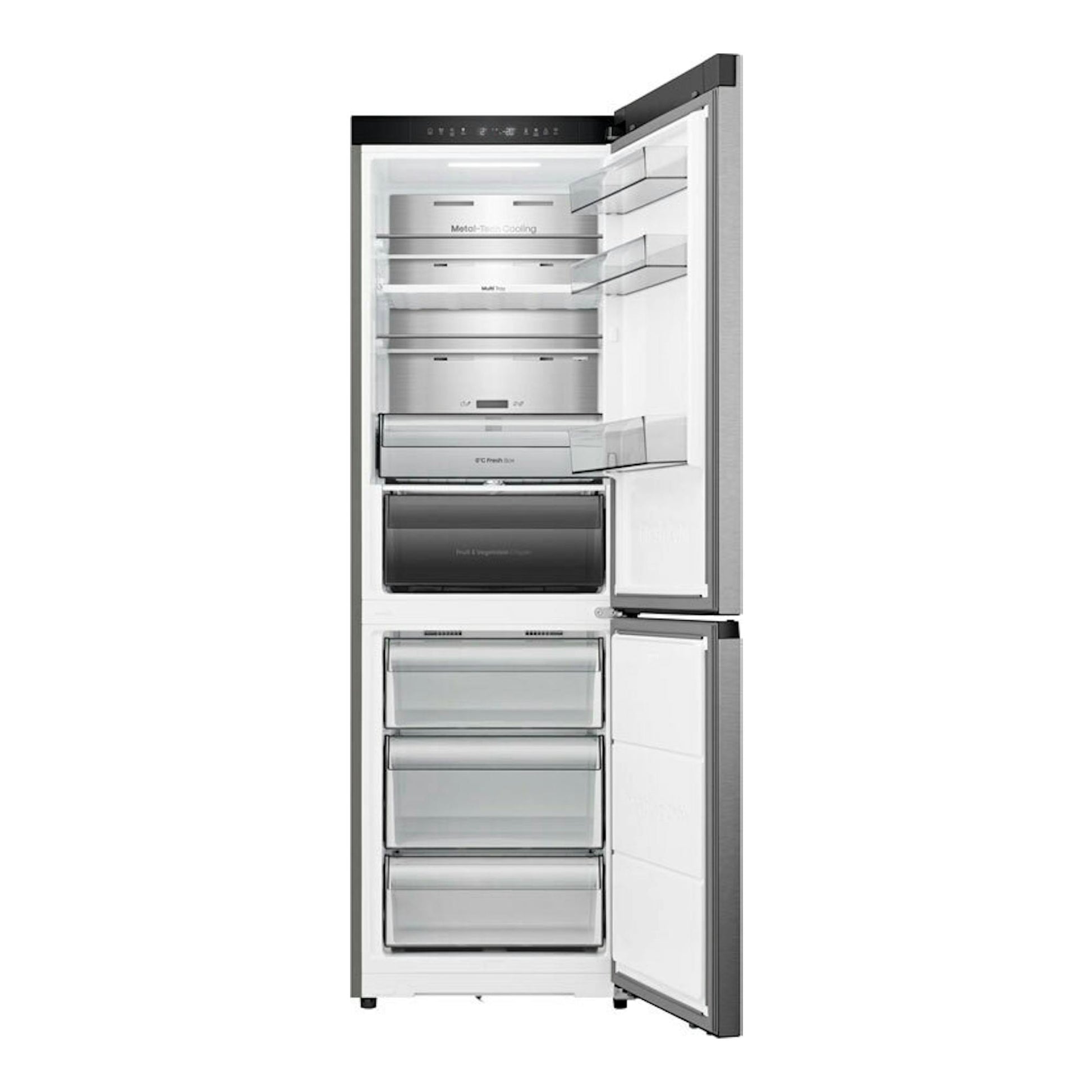 Frigorífico combi Hisense RB3K330SAIC inox, vista frontal con puertas abiertas y cajones interiores visibles.