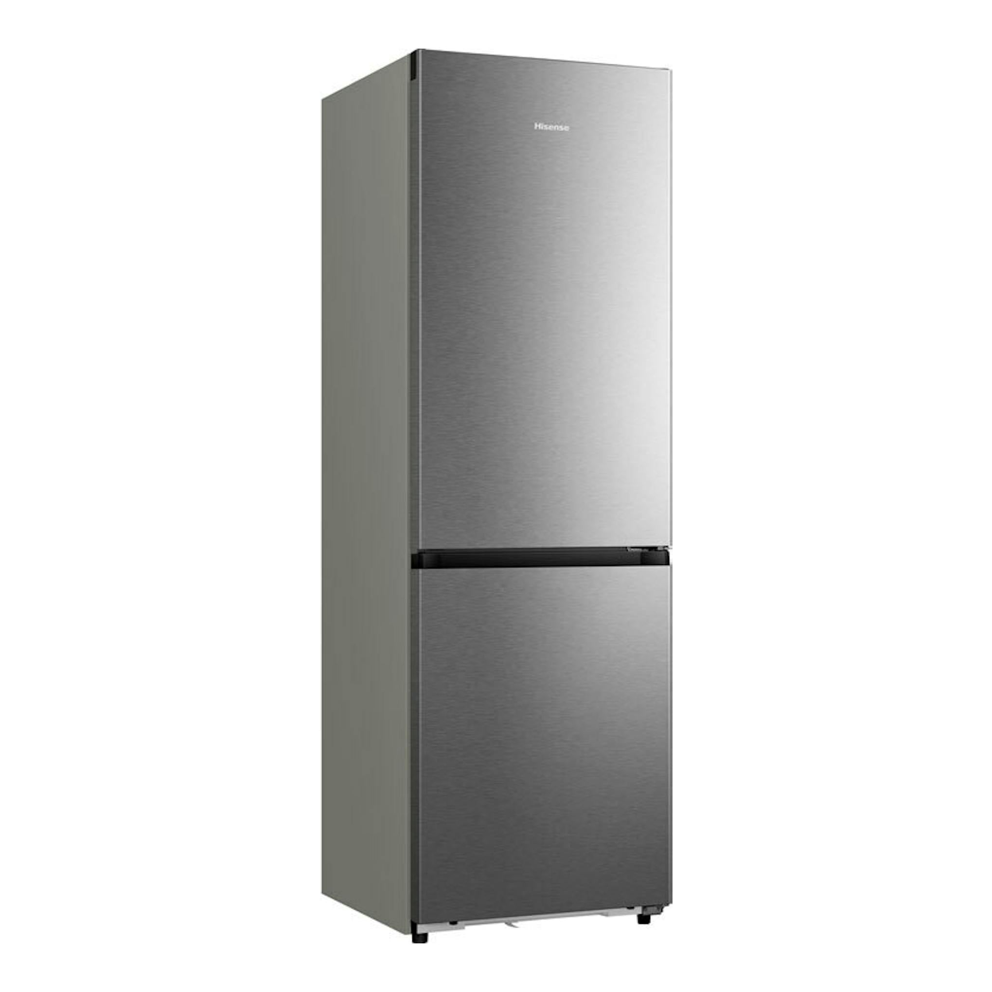 Frigorífico combi Hisense RB3K330SAIC inox, vista frontal en ángulo, con dos puertas y acabado metálico.