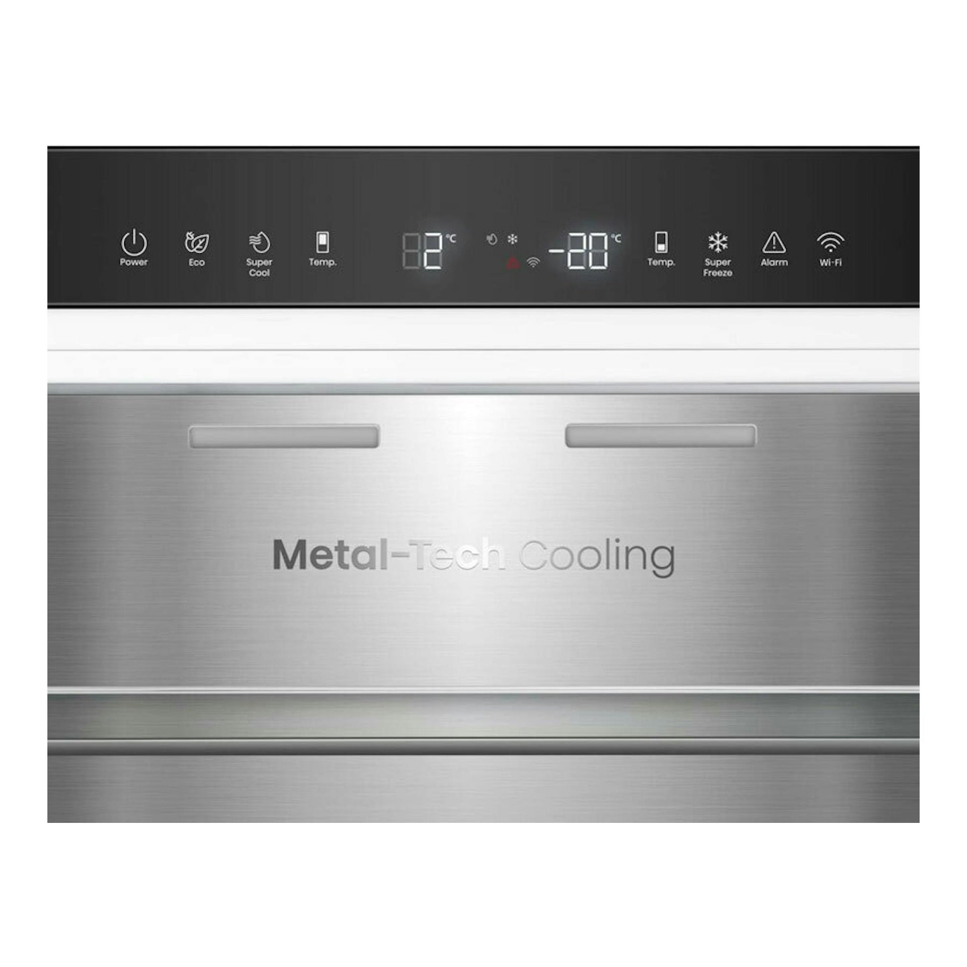 Frigorífico combi Hisense RB3K330SAIC inox, vista frontal parcial del panel de control y puerta metálica.