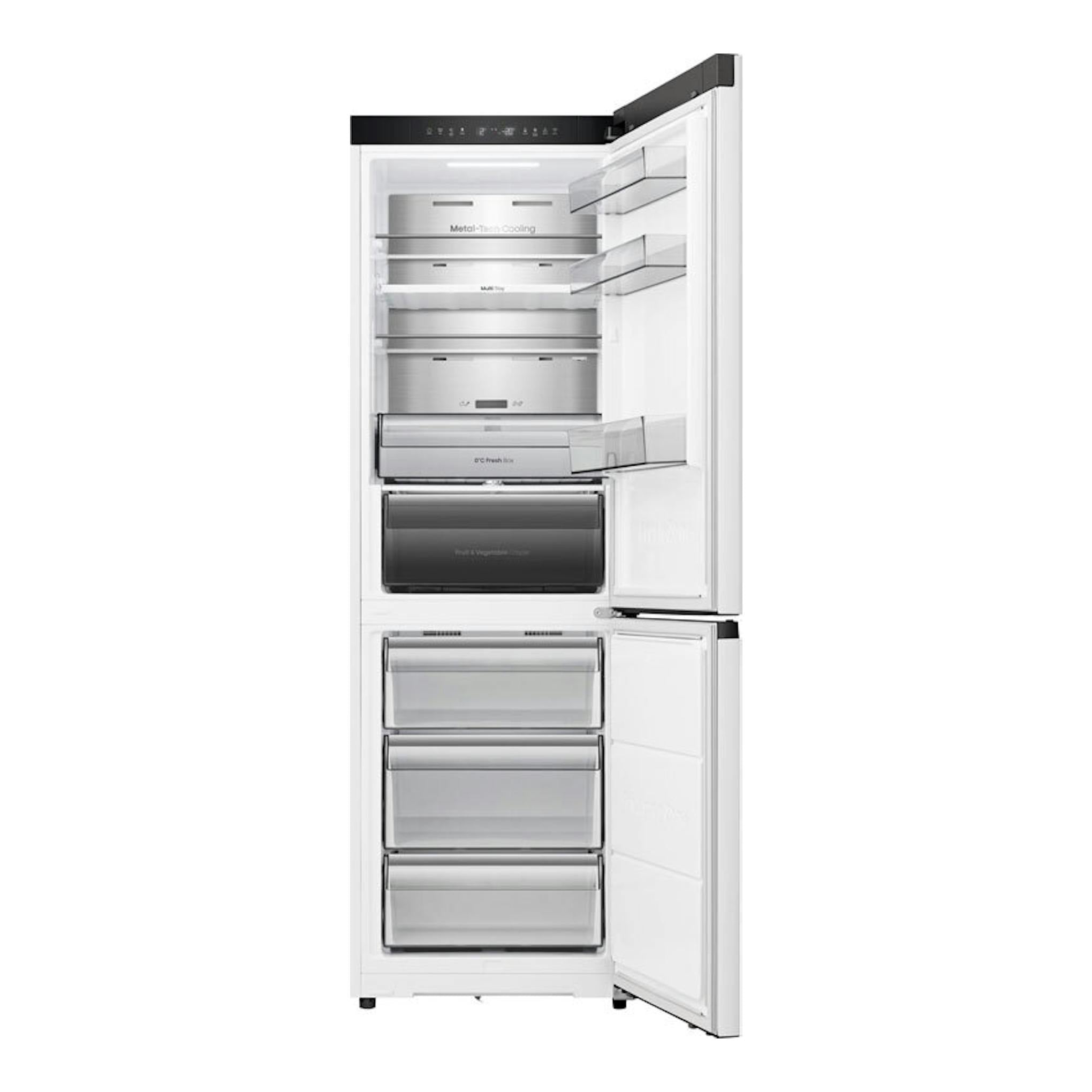 Frigorífico combi Hisense RB3K330SAWD inox, vista frontal con puertas abiertas y cajones visibles.