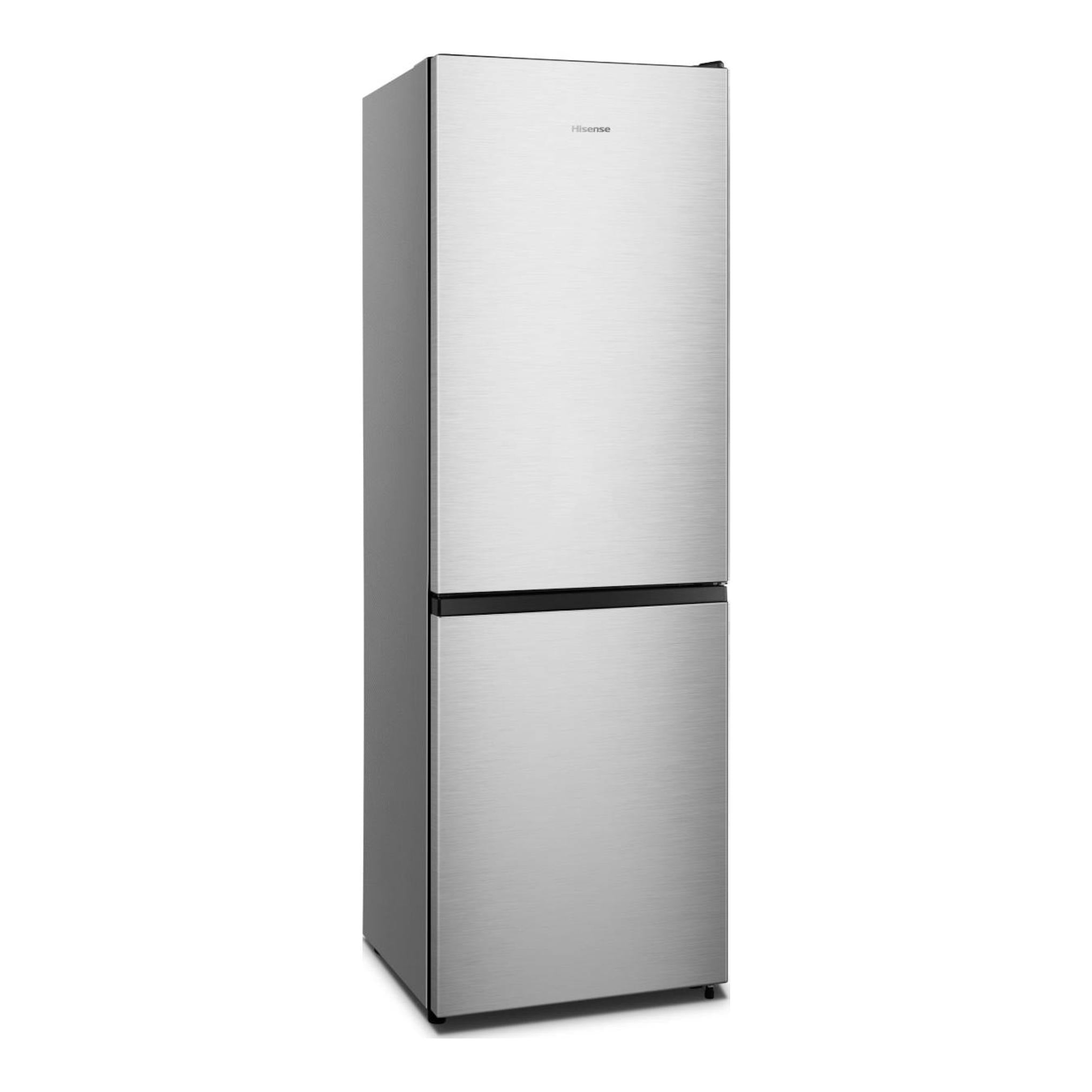 Frigorífico combi Hisense RB3N300NECA plateado, vista frontal en ángulo.