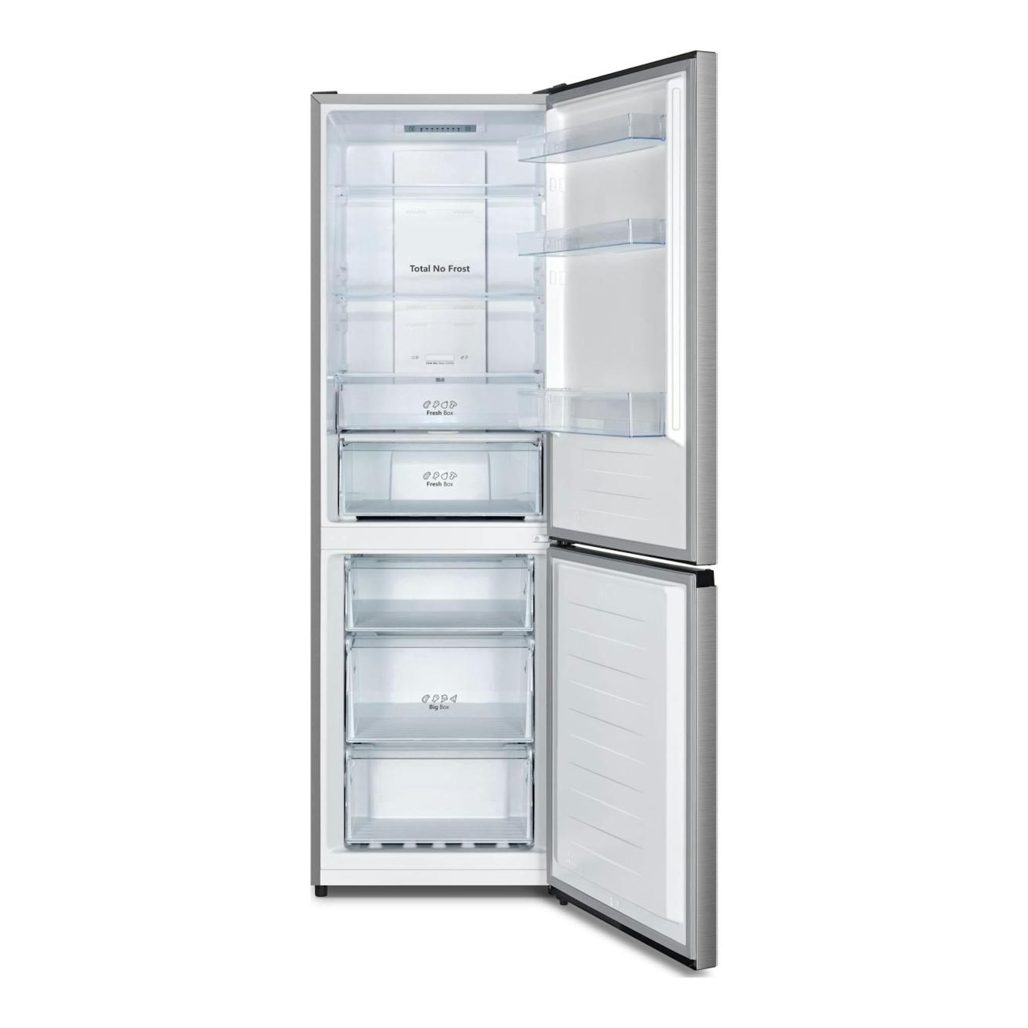 Frigorífico combi Hisense RB3N300NECA abierto, vista frontal, interior blanco con cajones transparentes.