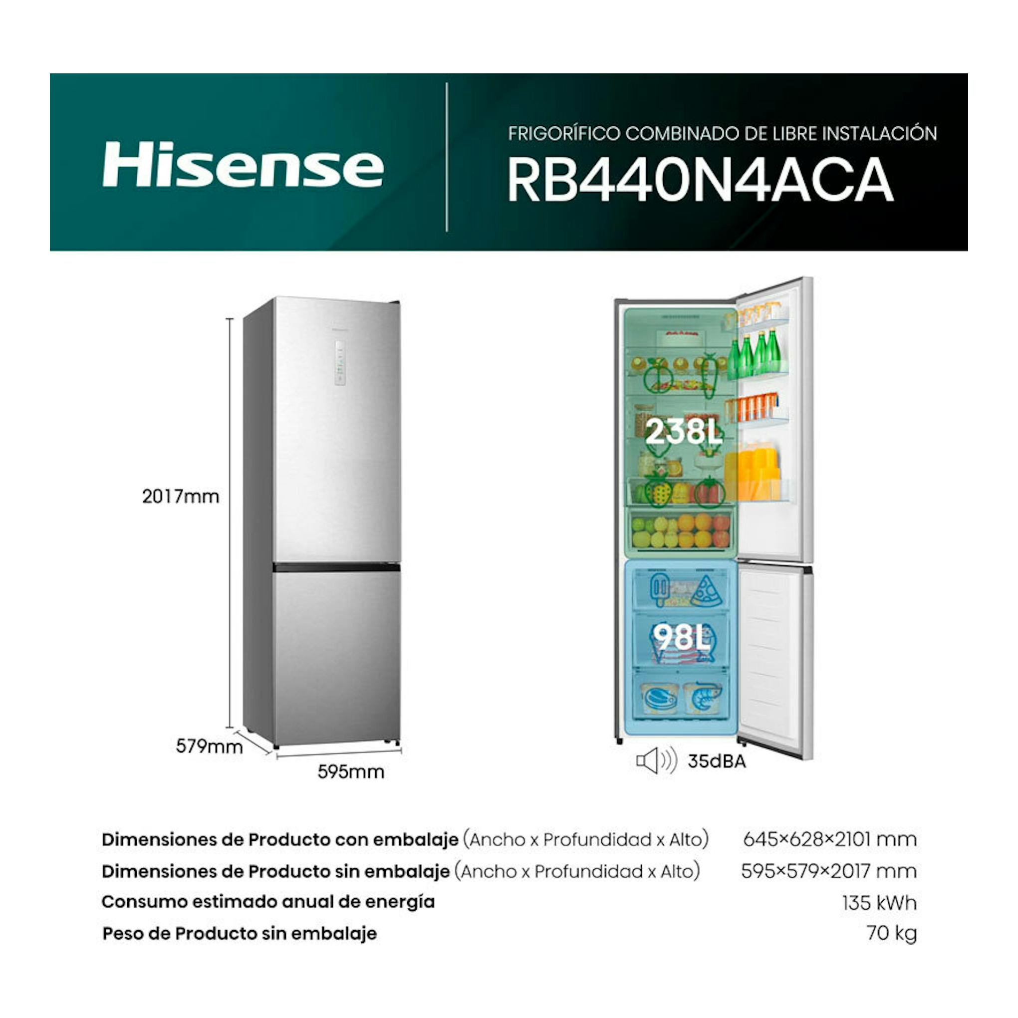 Frigorífico combi Hisense RB440N4ACA inox, vista frontal; aparece abierto con compartimentos y medidas.
