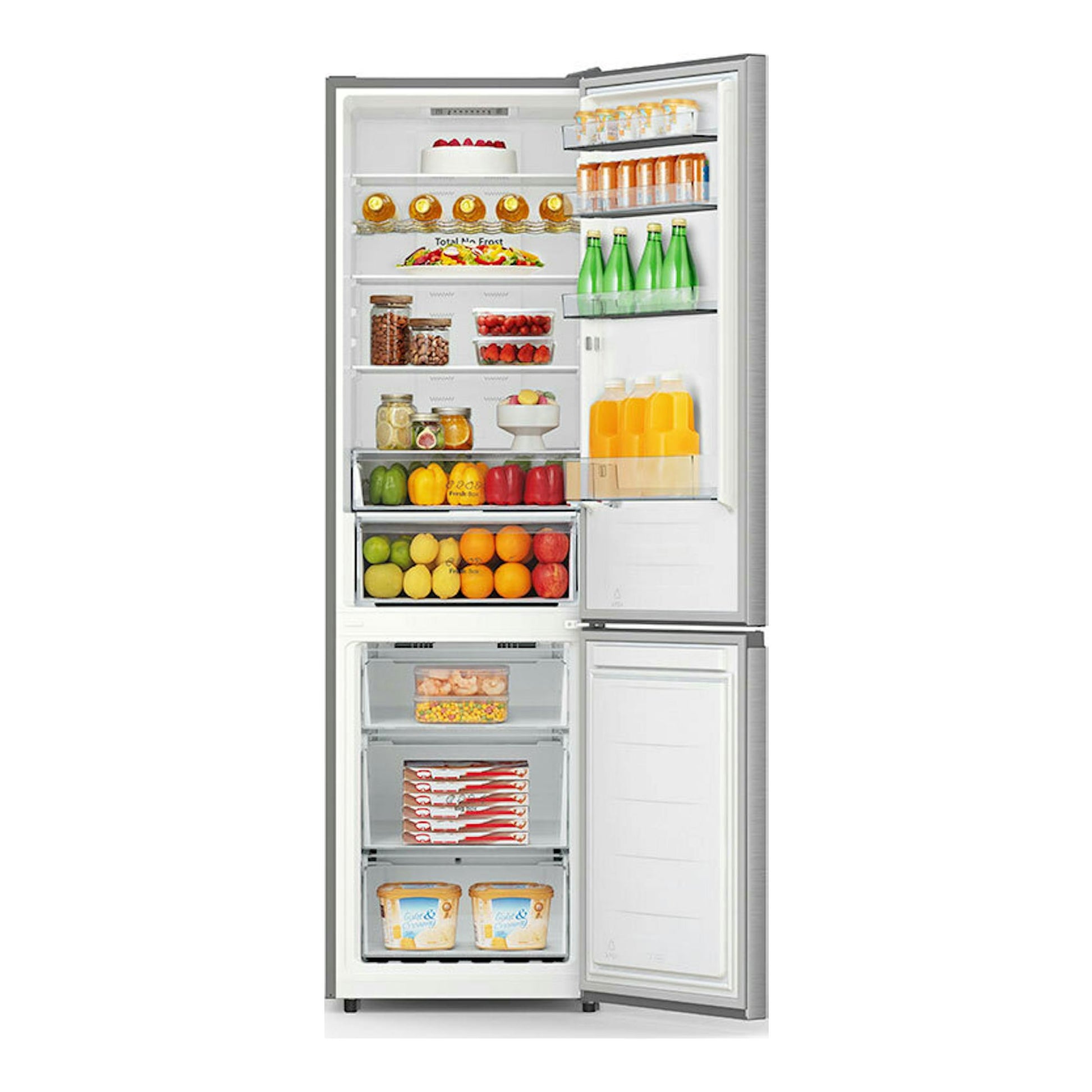 Frigorífico combi Hisense RB440N4ACC inox, vista frontal con puertas abiertas e interior con estantes y cajones.