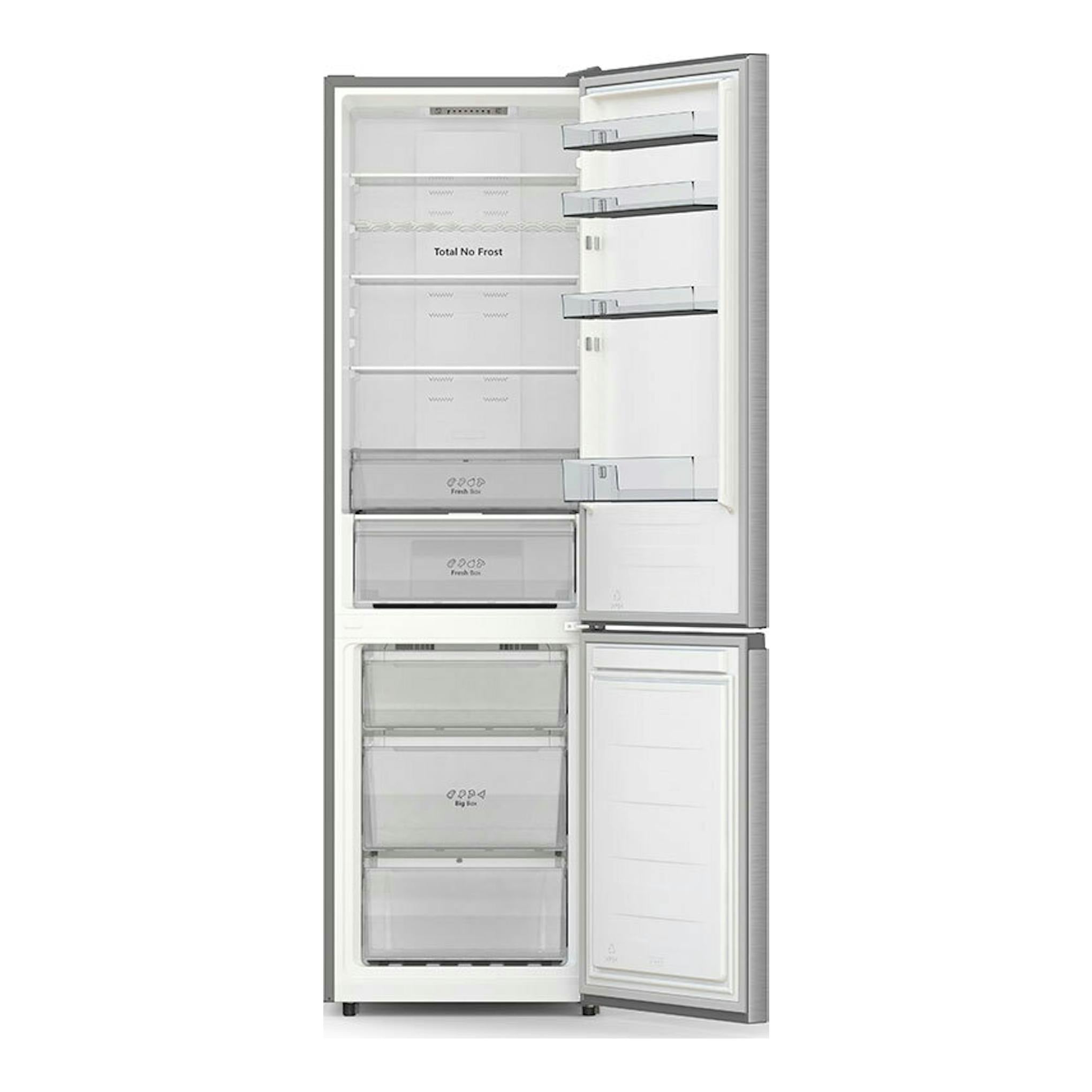 Frigorífico combi Hisense RB440N4ACC inox, vista frontal con puertas abiertas y cajones visibles.