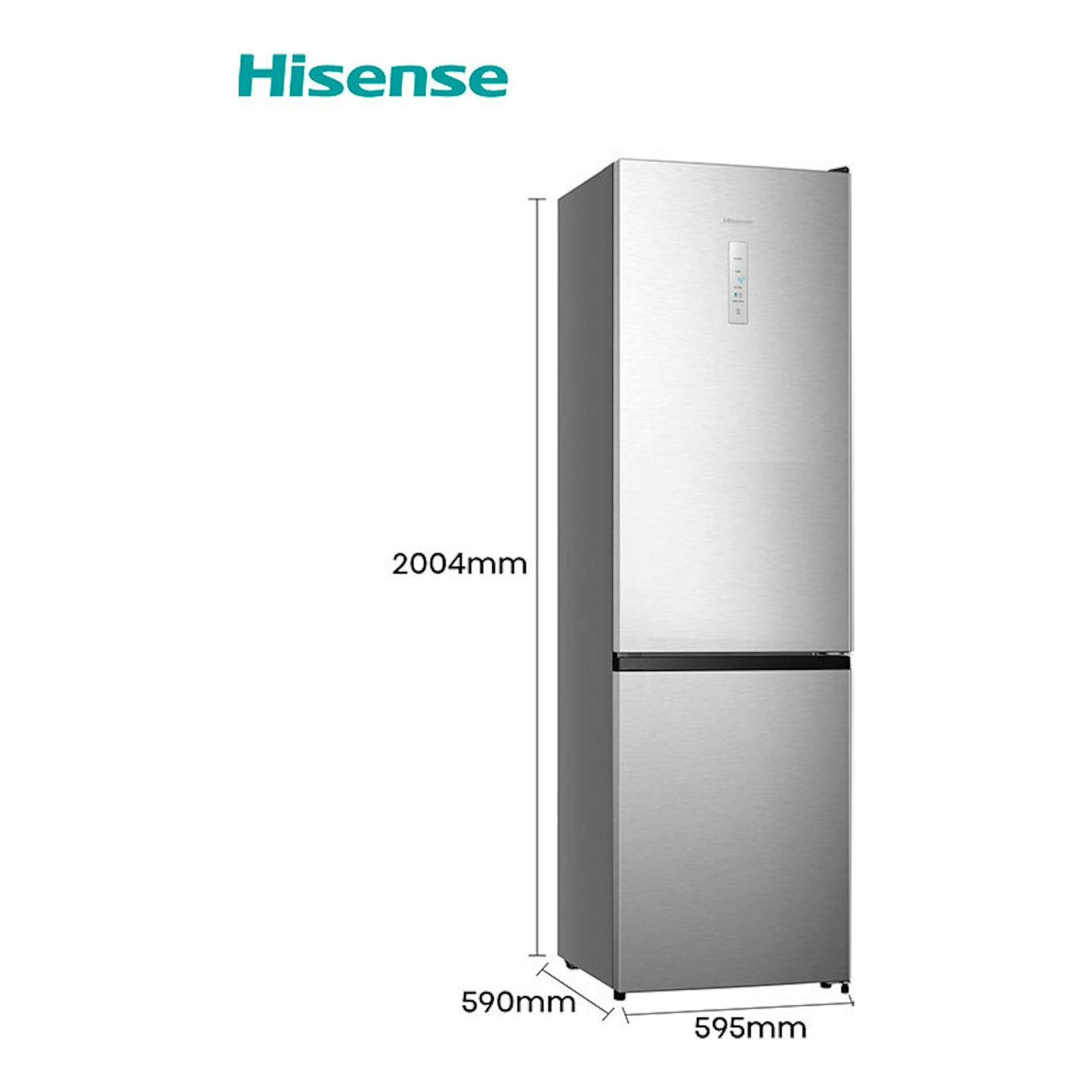 Frigorífico combi Hisense RB440N4ACD inox, vista frontal, acabado plateado, con medidas 2004 x 595 x 590 mm.