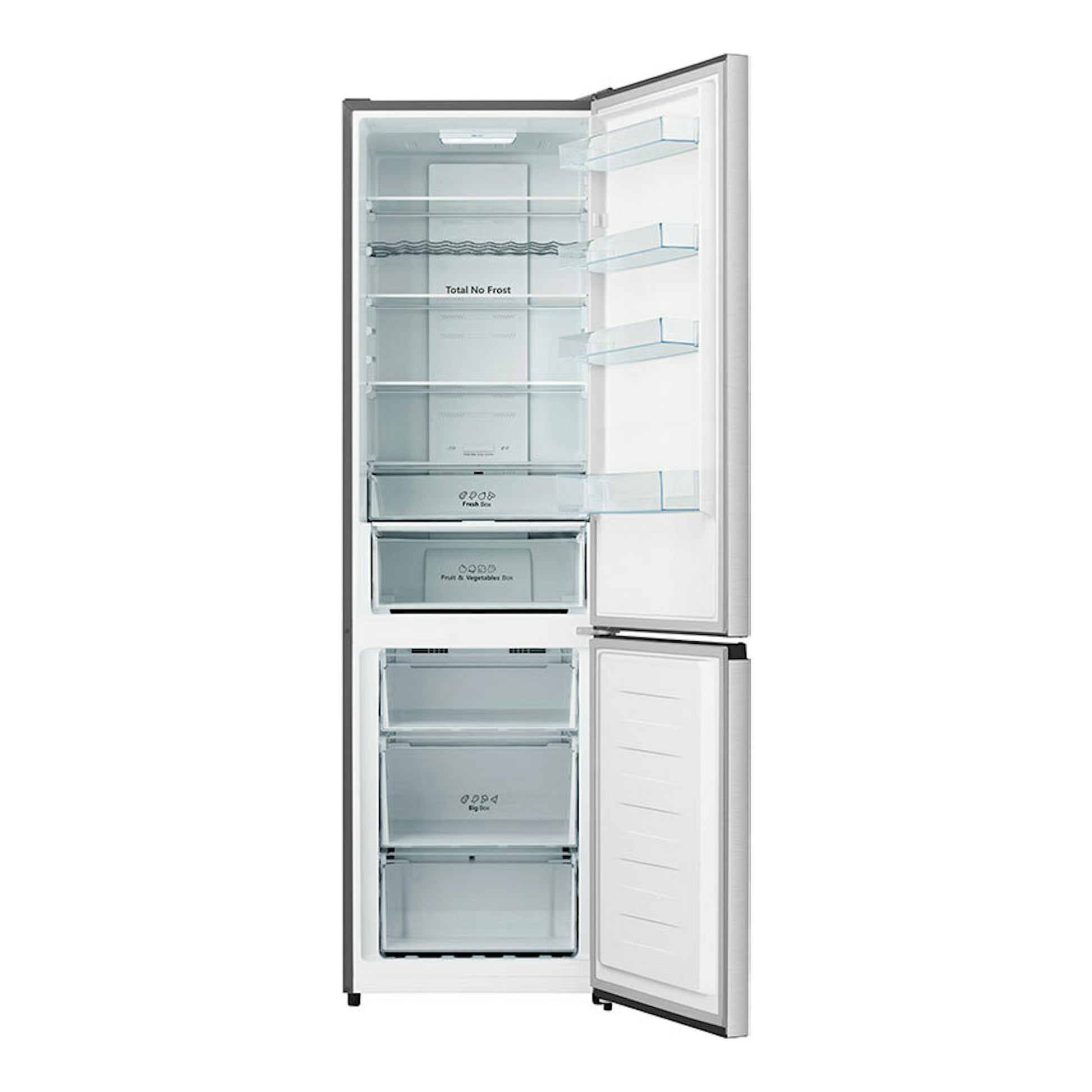 Frigorífico combi Hisense RB440N4ACD inox, vista frontal con puertas abiertas y estantes interiores.