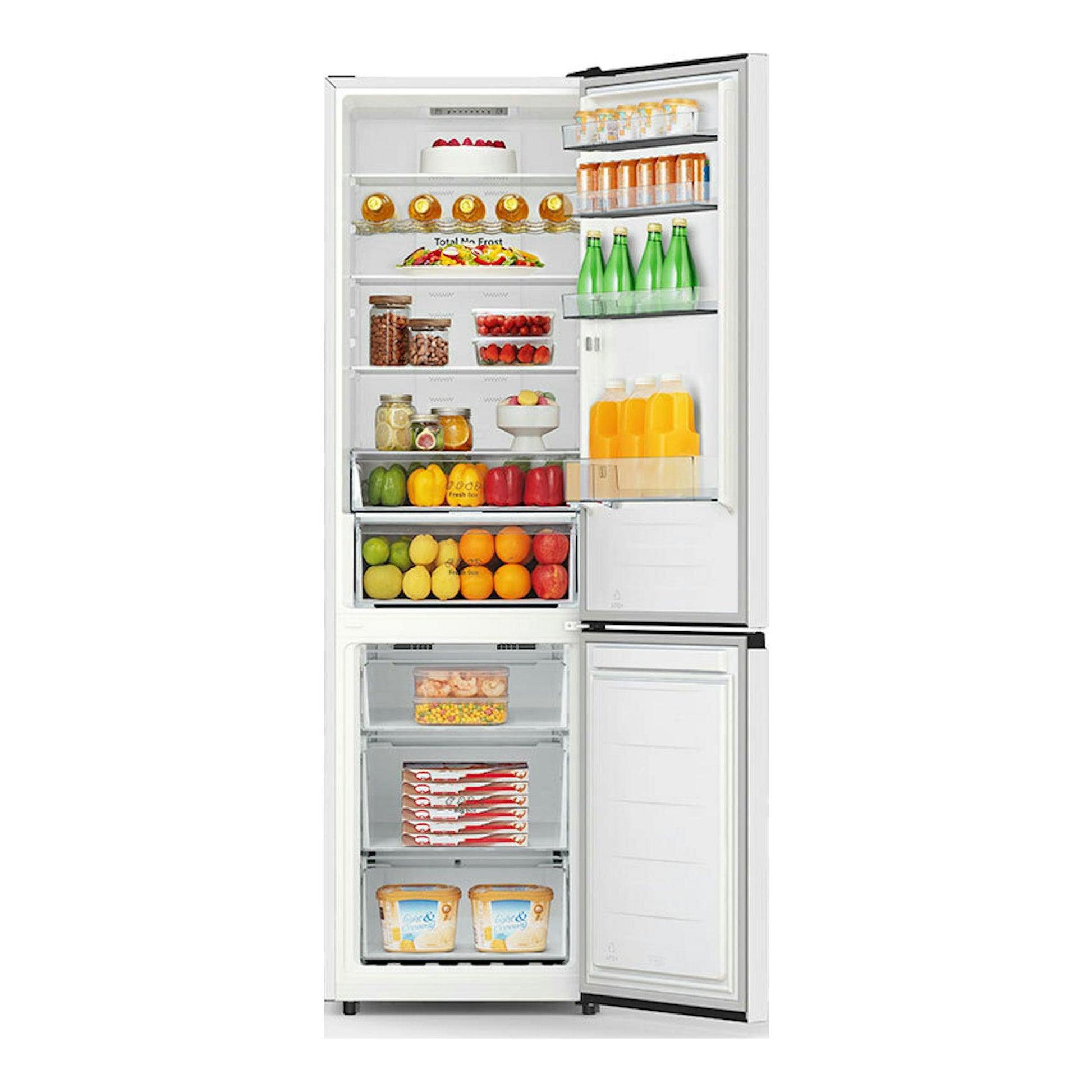 Frigorífico combi Hisense RB440N4AWC blanco, vista frontal abierta, con compartimentos llenos de alimentos.
