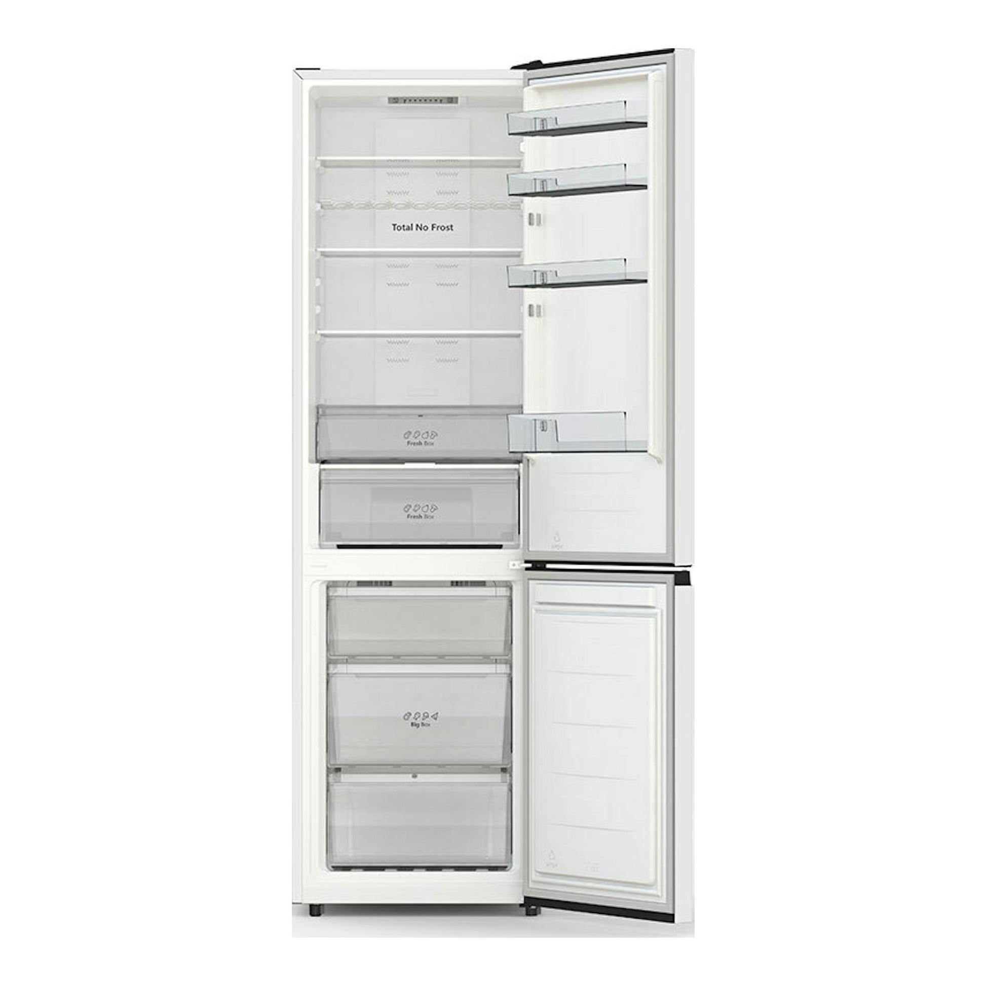 Frigorífico combi Hisense RB440N4AWC blanco, vista frontal con puertas abiertas y cajones interiores visibles.