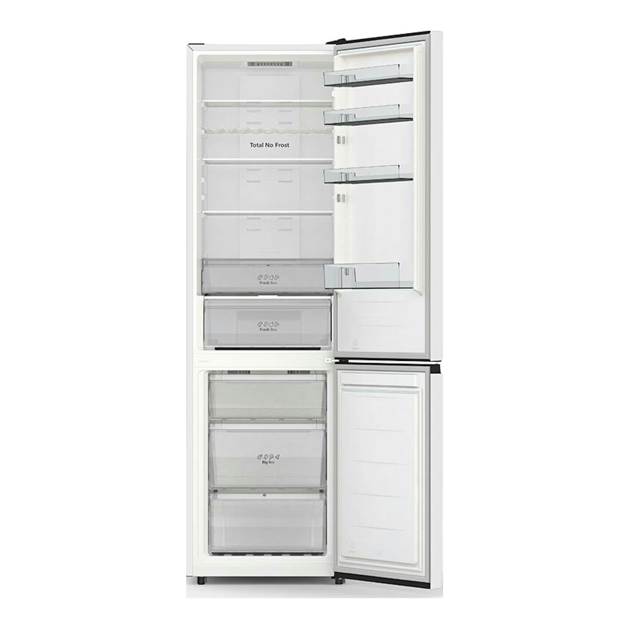 Frigorífico combi Hisense RB440N4AWC blanco, vista frontal con puertas abiertas y cajones interiores visibles.