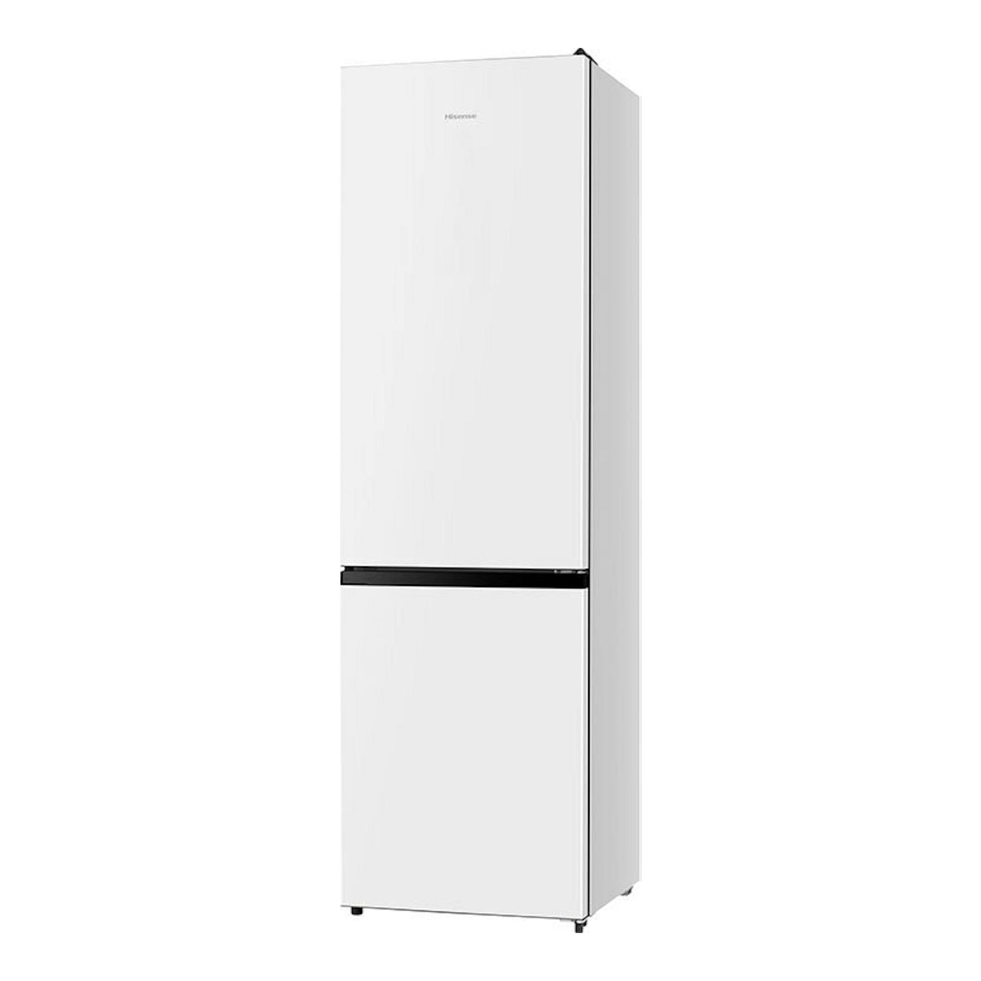 Frigorífico combi Hisense RB440N4AWC blanco, vista frontal en ángulo, con puerta inferior y franja negra central.