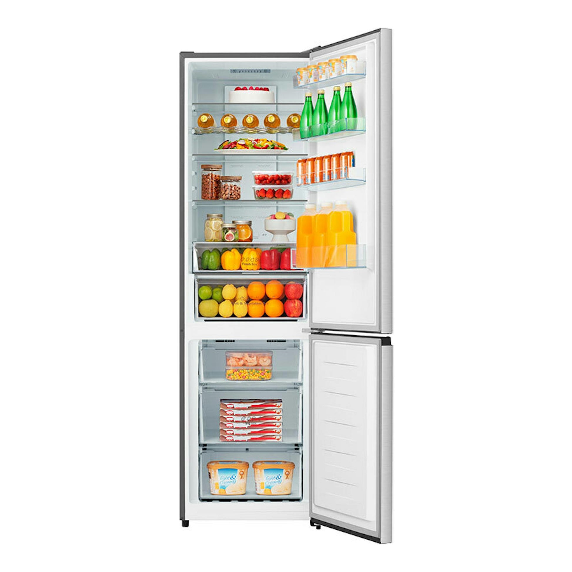 Frigorífico combi Hisense RB440N4BCE inox, vista frontal con puertas abiertas y compartimentos visibles.